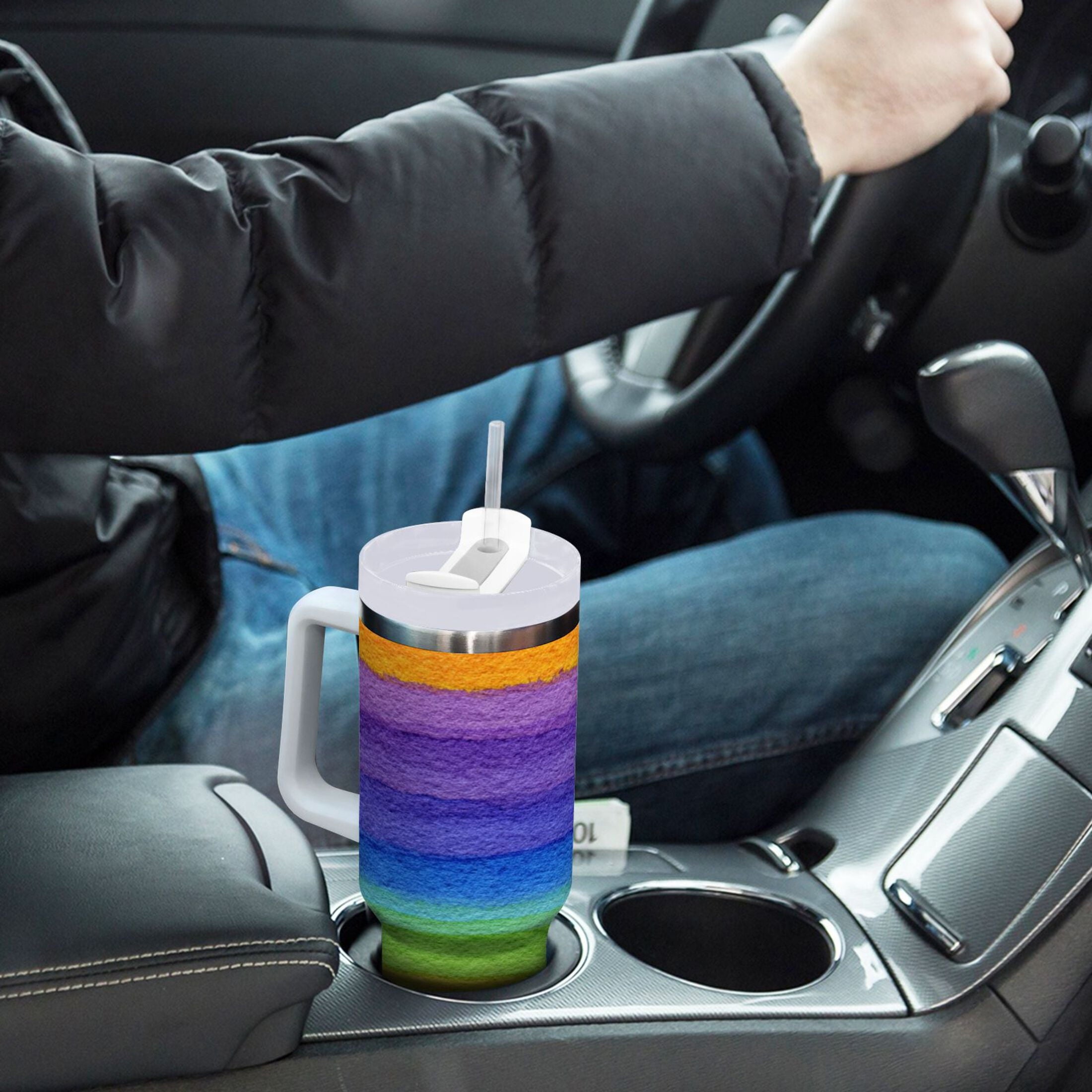 30 oz Insulated Stainless Steel Tumbler Double Wall Stainless Steel Tumbler with 2-Way Drinking Watercolor Rainbow Colors