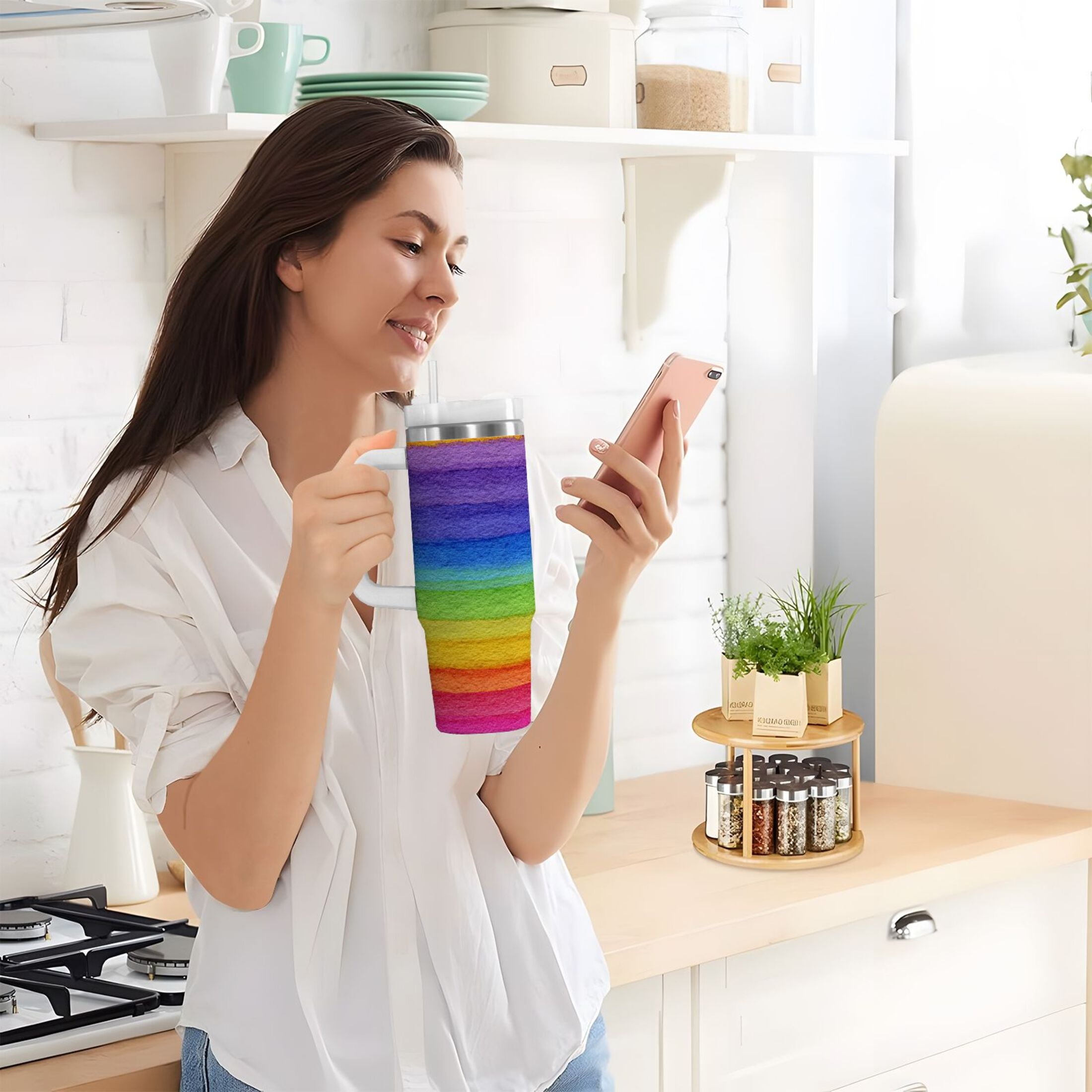 30 oz Insulated Stainless Steel Tumbler Double Wall Stainless Steel Tumbler with 2-Way Drinking Watercolor Rainbow Colors
