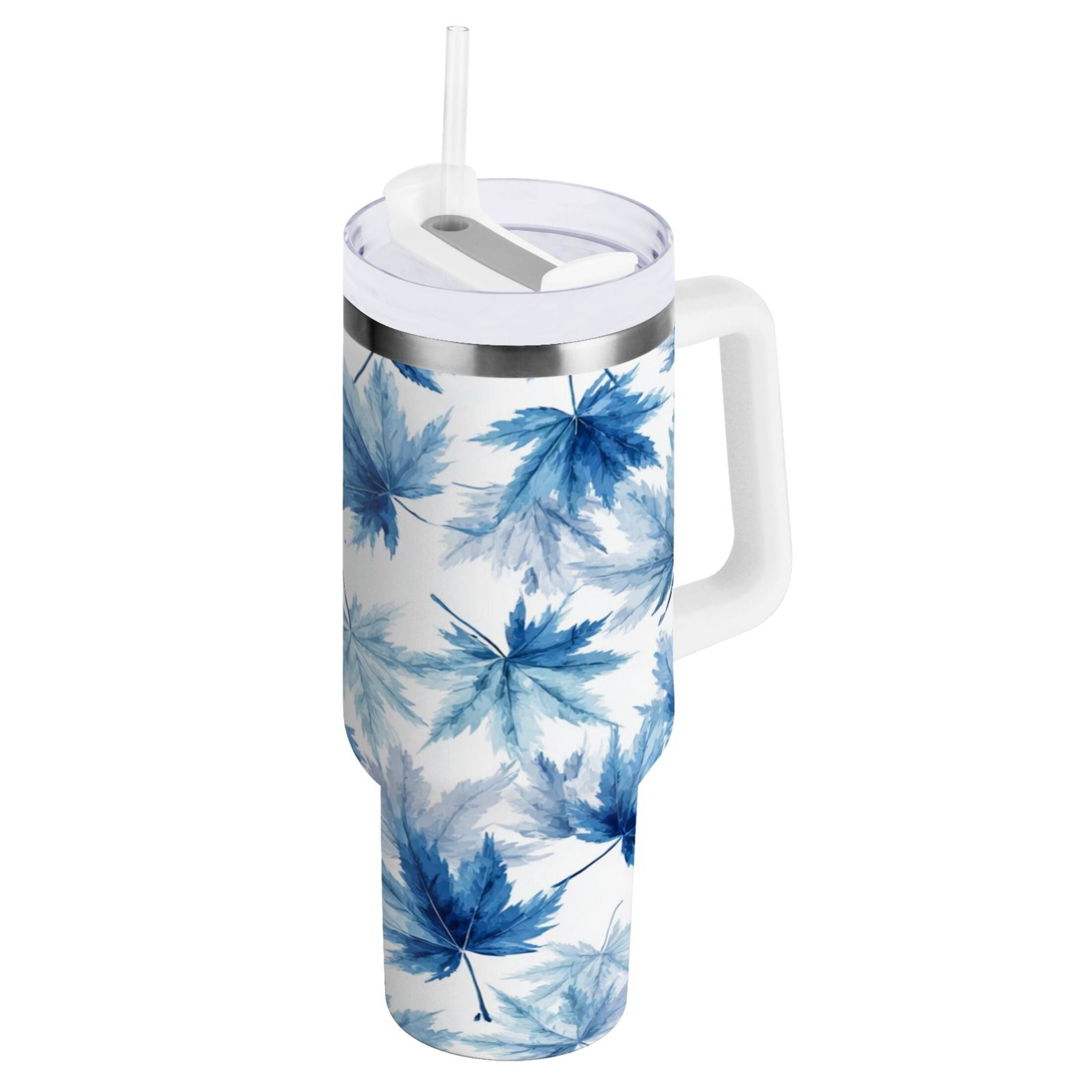 30 oz Insulated Stainless Steel Tumbler Double Wall Stainless Steel Tumbler with 2-Way Drinking Abstract Blue Maple Leaves