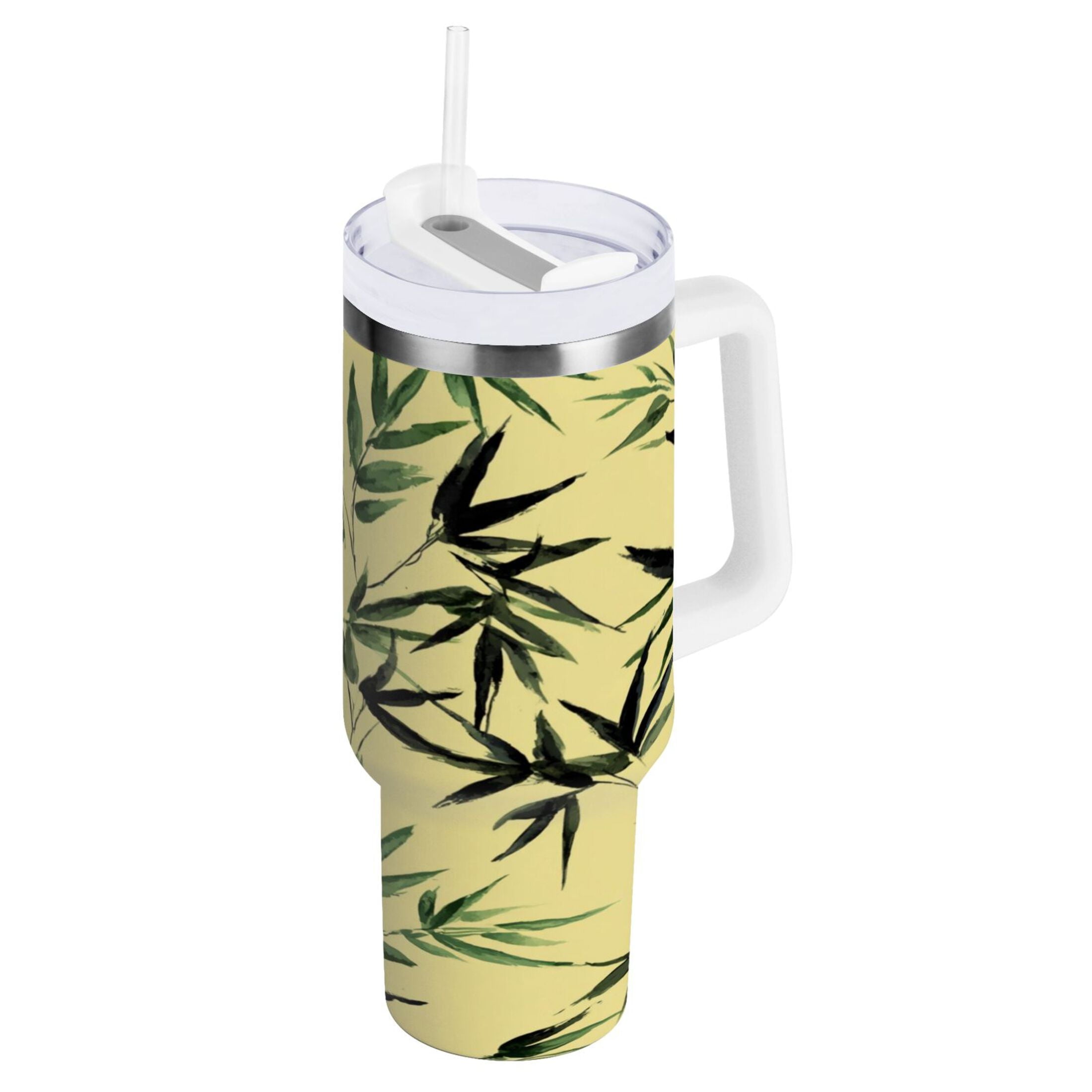 30 oz Insulated Stainless Steel Tumbler Double Wall Stainless Steel Tumbler with 2-Way Drinking Bamboo and Green Leaves