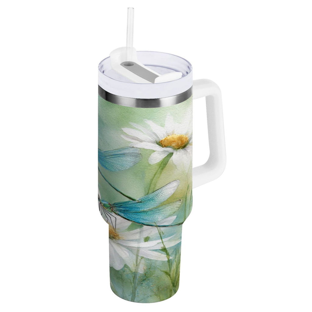 30 oz Insulated Stainless Steel Tumbler Double Wall Stainless Steel Tumbler with 2-Way Drinking Beautiful Dragonflies and Daisies