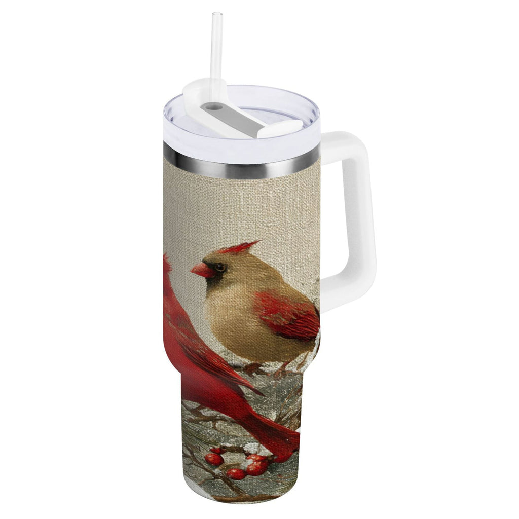 30 oz Insulated Stainless Steel Tumbler Double Wall Stainless Steel Tumbler with 2-Way Drinking Bird and Snow-covered Trees