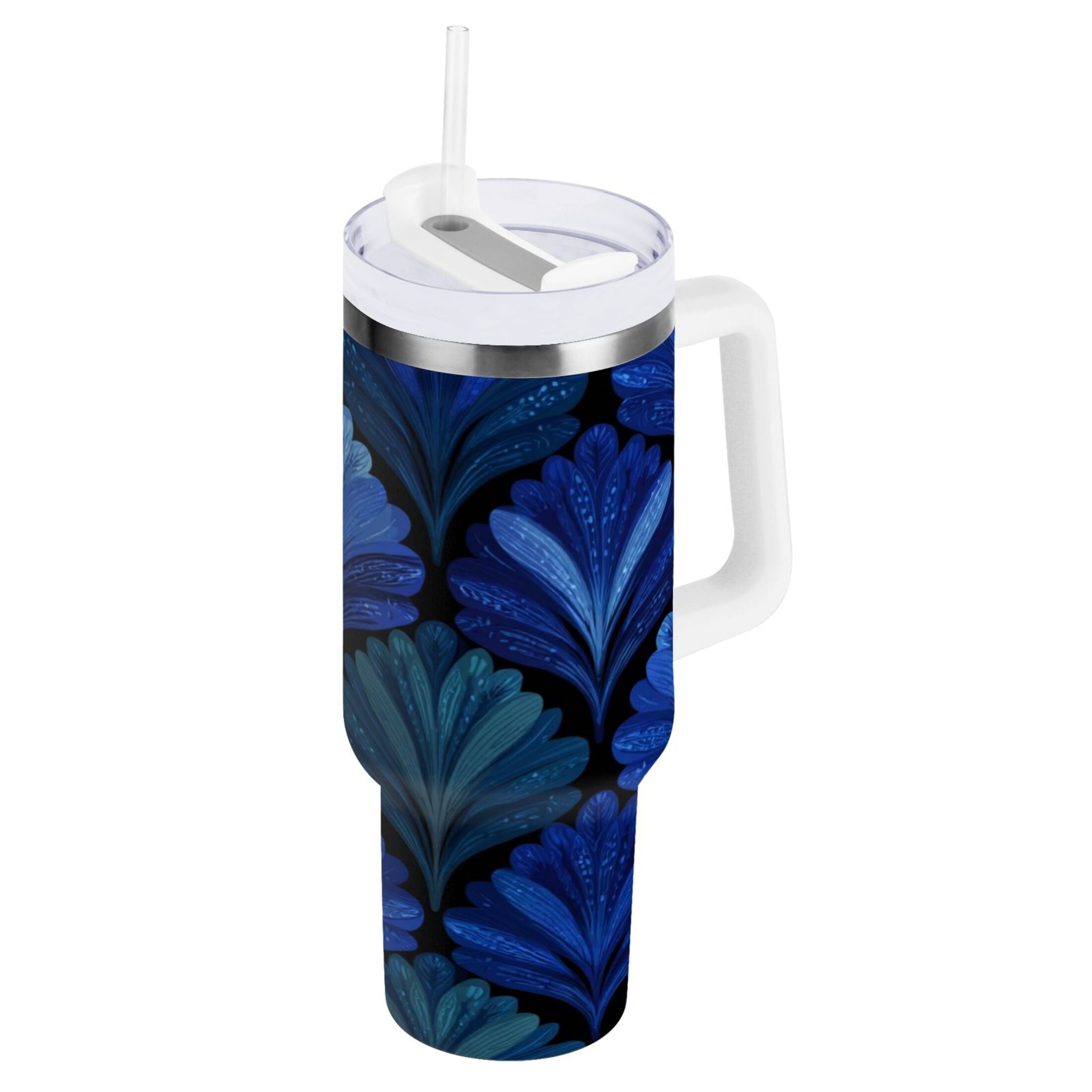 30 oz Insulated Stainless Steel Tumbler Double Wall Stainless Steel Tumbler with 2-Way Drinking Blue Batik Leaves Pattern