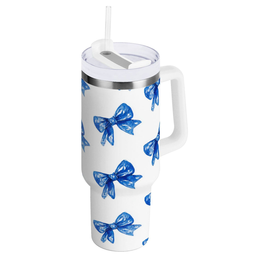 30 oz Insulated Stainless Steel Tumbler Double Wall Stainless Steel Tumbler with 2-Way Drinking Blue Bows Pattern