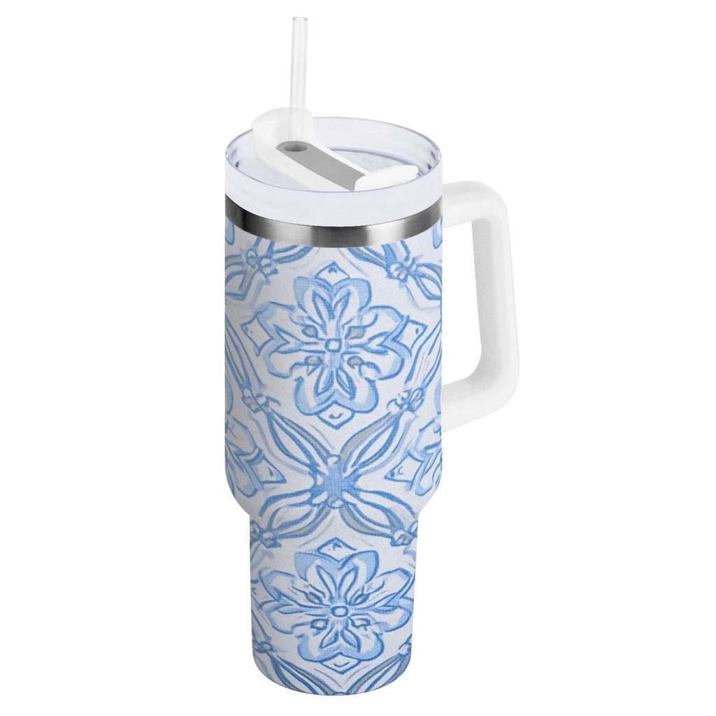 30 oz Insulated Stainless Steel Tumbler Double Wall Stainless Steel Tumbler with 2-Way Drinking Blue Elegant Geometric Design