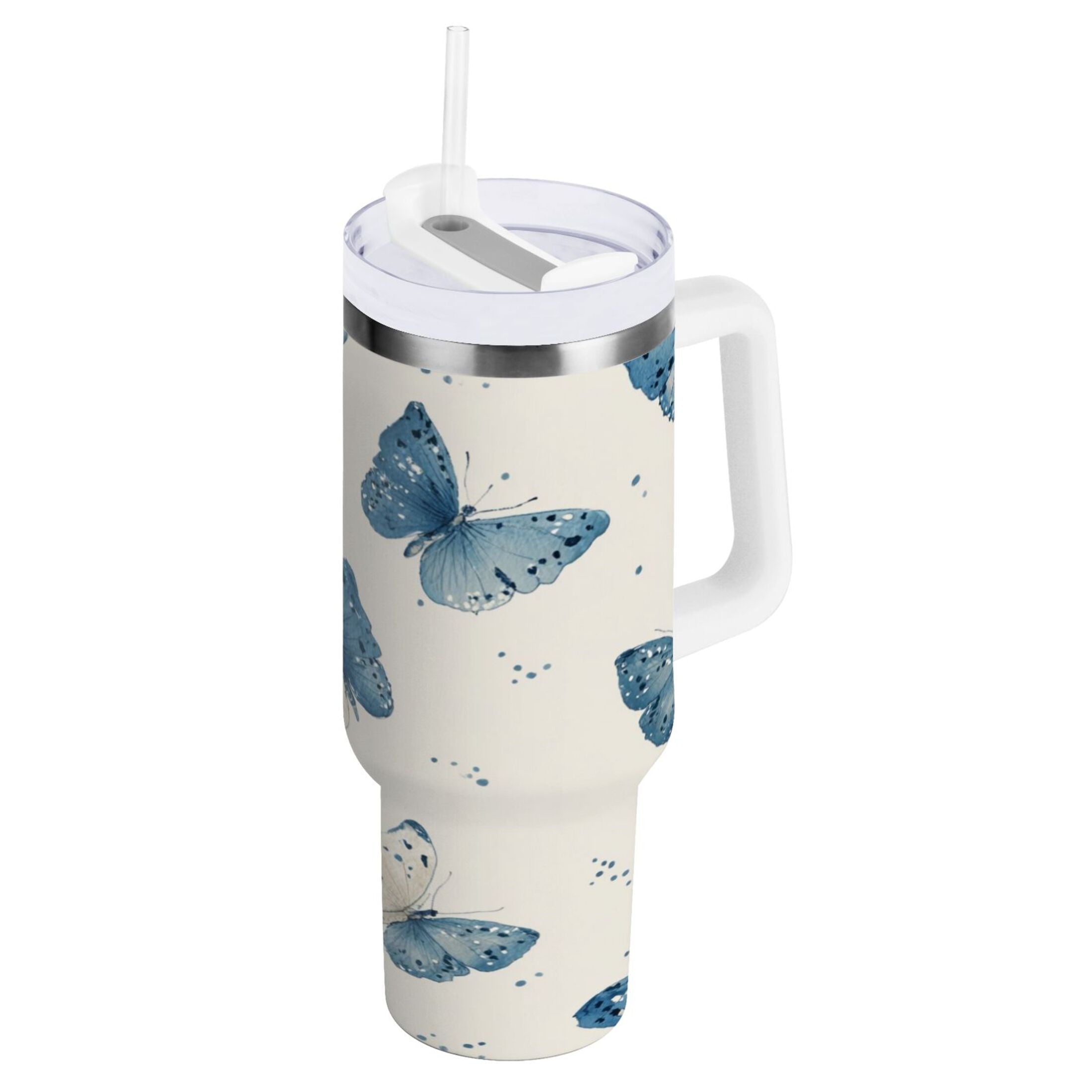 30 oz Insulated Stainless Steel Tumbler Double Wall Stainless Steel Tumbler with 2-Way Drinking Blue Watercolor Butterflies
