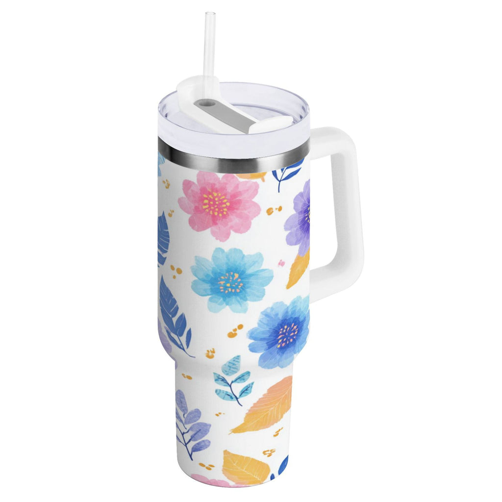30 oz Insulated Stainless Steel Tumbler Double Wall Stainless Steel Tumbler with 2-Way Drinking Blue and Purple Flowers