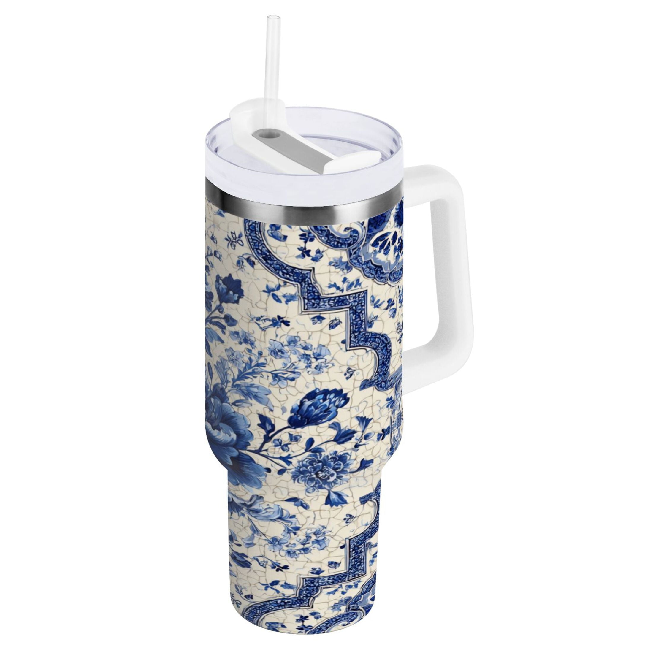 30 oz Insulated Stainless Steel Tumbler Double Wall Stainless Steel Tumbler with 2-Way Drinking Blue and White Porcelain-style