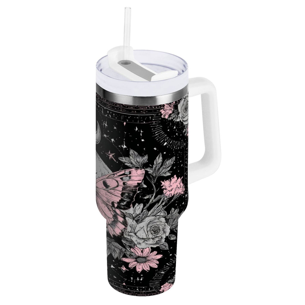 30 oz Insulated Stainless Steel Tumbler Double Wall Stainless Steel Tumbler with 2-Way Drinking Butterfly by Moon and Flowers