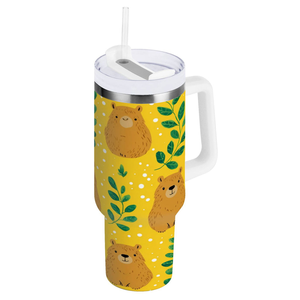 30 oz Insulated Stainless Steel Tumbler Double Wall Stainless Steel Tumbler with 2-Way Drinking Capybara and Green Leaves