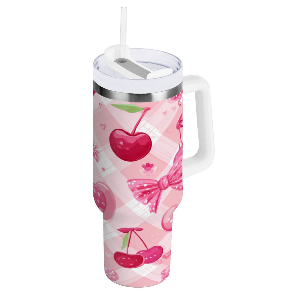 30 oz Insulated Stainless Steel Tumbler Double Wall Stainless Steel Tumbler with 2-Way Drinking Cherry and Pink Bow Pattern