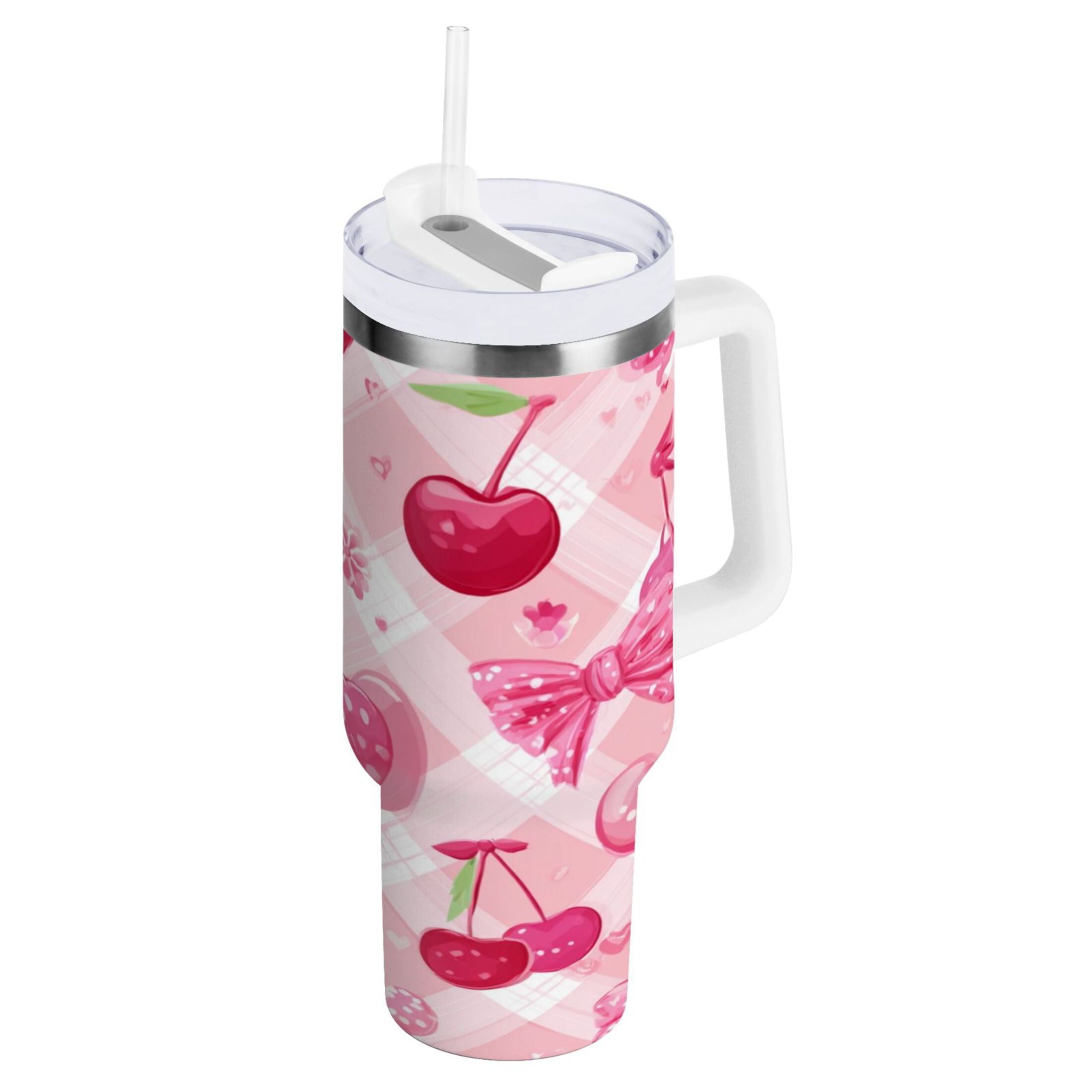 30 oz Insulated Stainless Steel Tumbler Double Wall Stainless Steel Tumbler with 2-Way Drinking Cherry and Pink Bow Pattern
