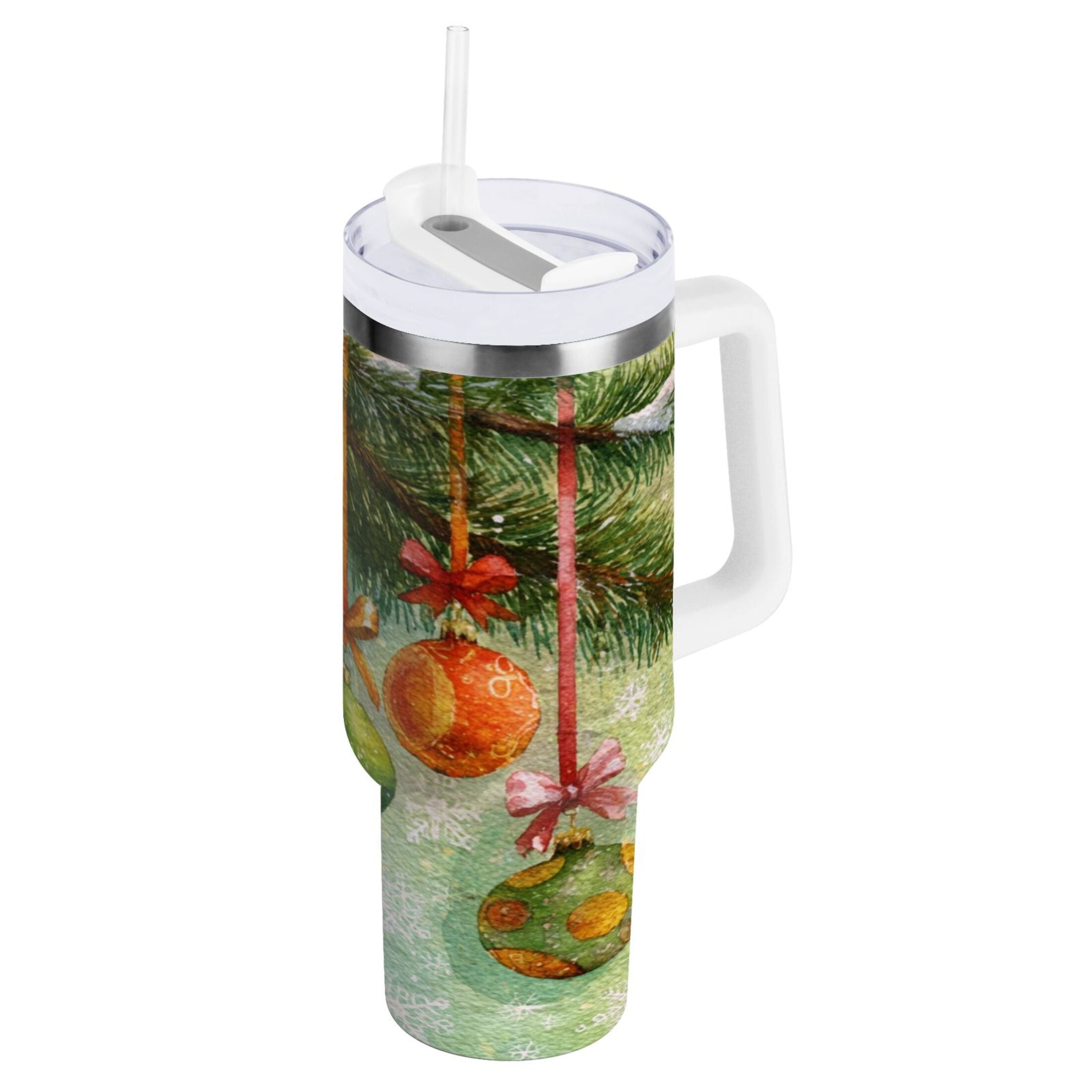 30 oz Insulated Stainless Steel Tumbler Double Wall Stainless Steel Tumbler with 2-Way Drinking Christmas Ornaments Watercolor Painting