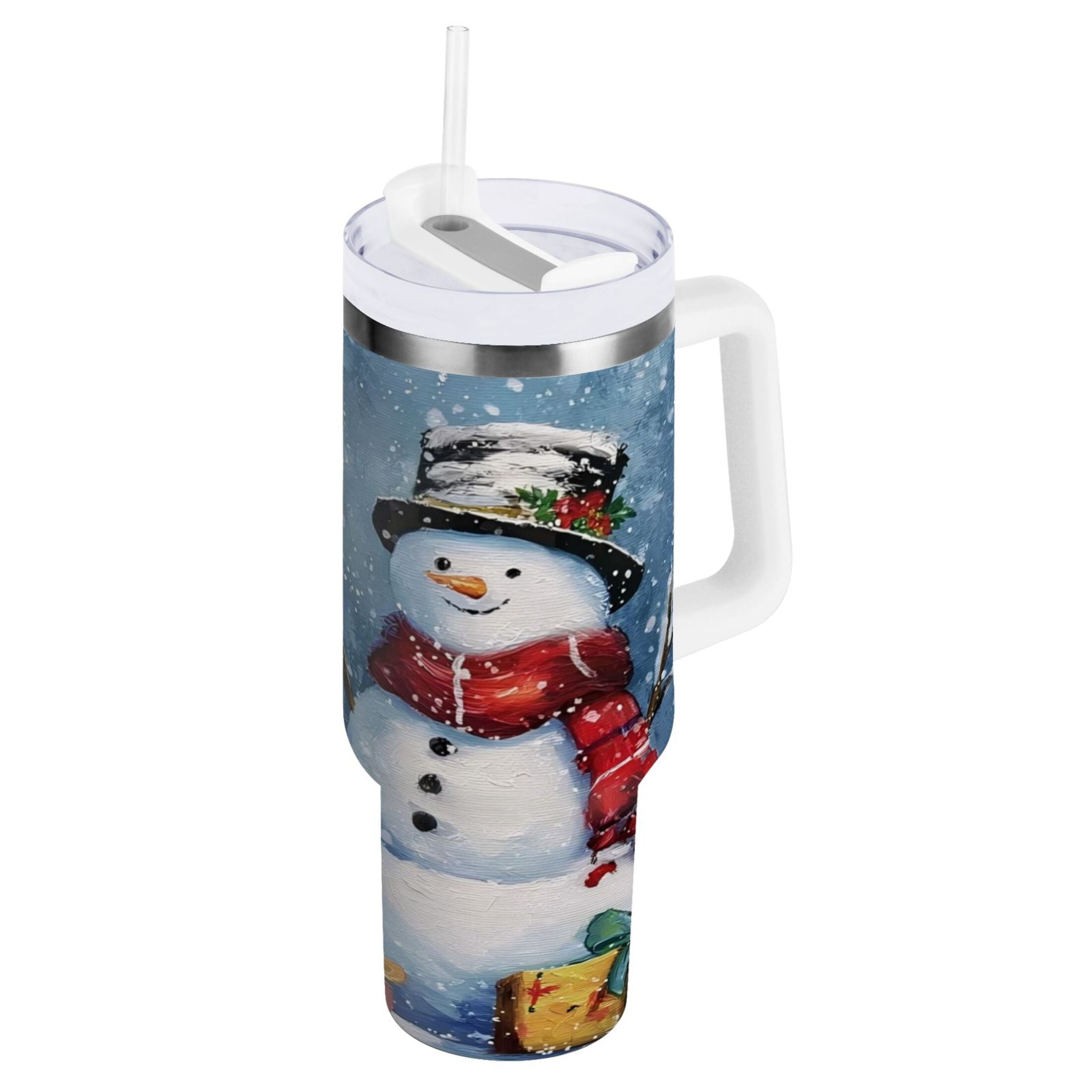30 oz Insulated Stainless Steel Tumbler Double Wall Stainless Steel Tumbler with 2-Way Drinking Christmas Scene with Snowman
