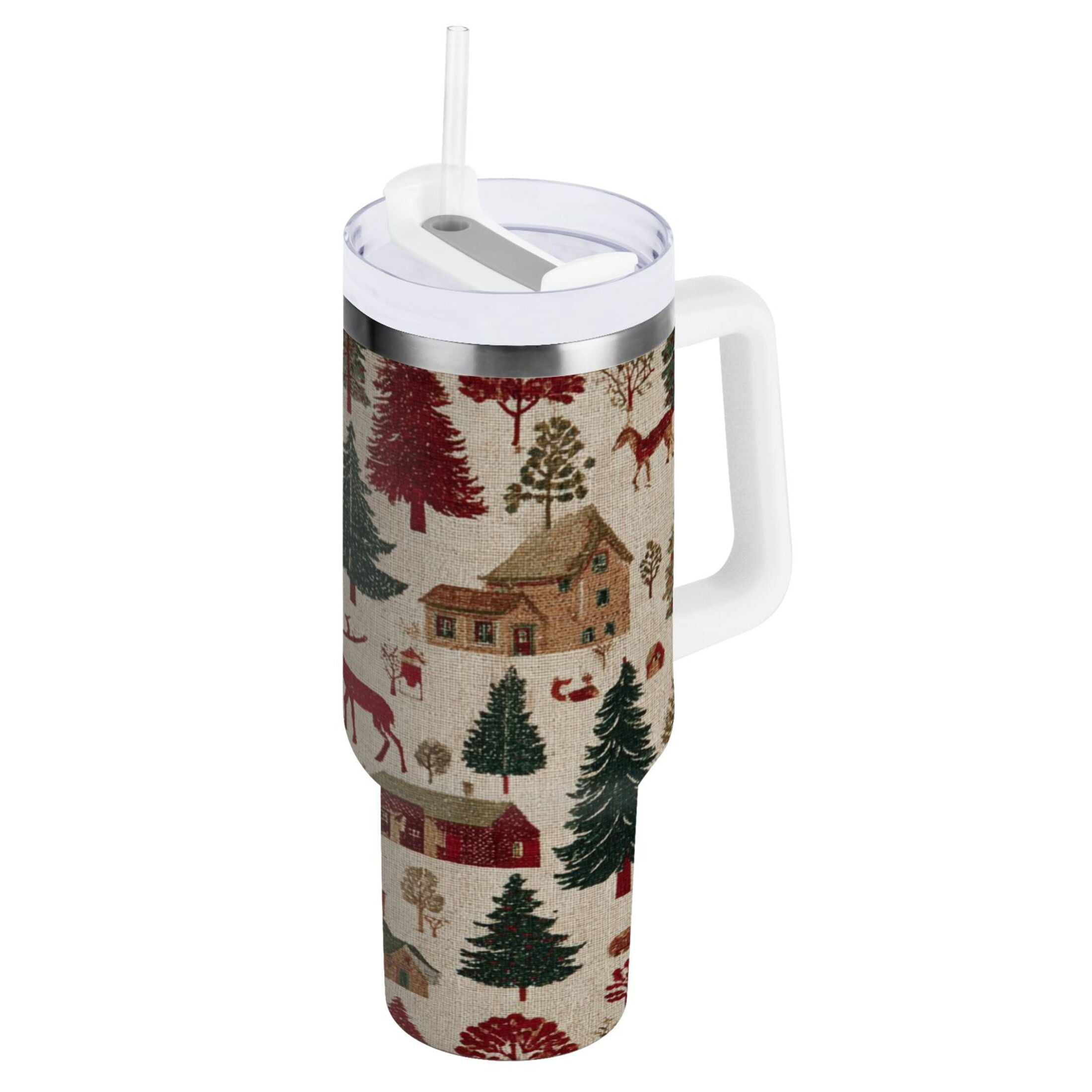 30 oz Insulated Stainless Steel Tumbler Double Wall Stainless Steel Tumbler with 2-Way Drinking Christmas Trees Deer and Houses