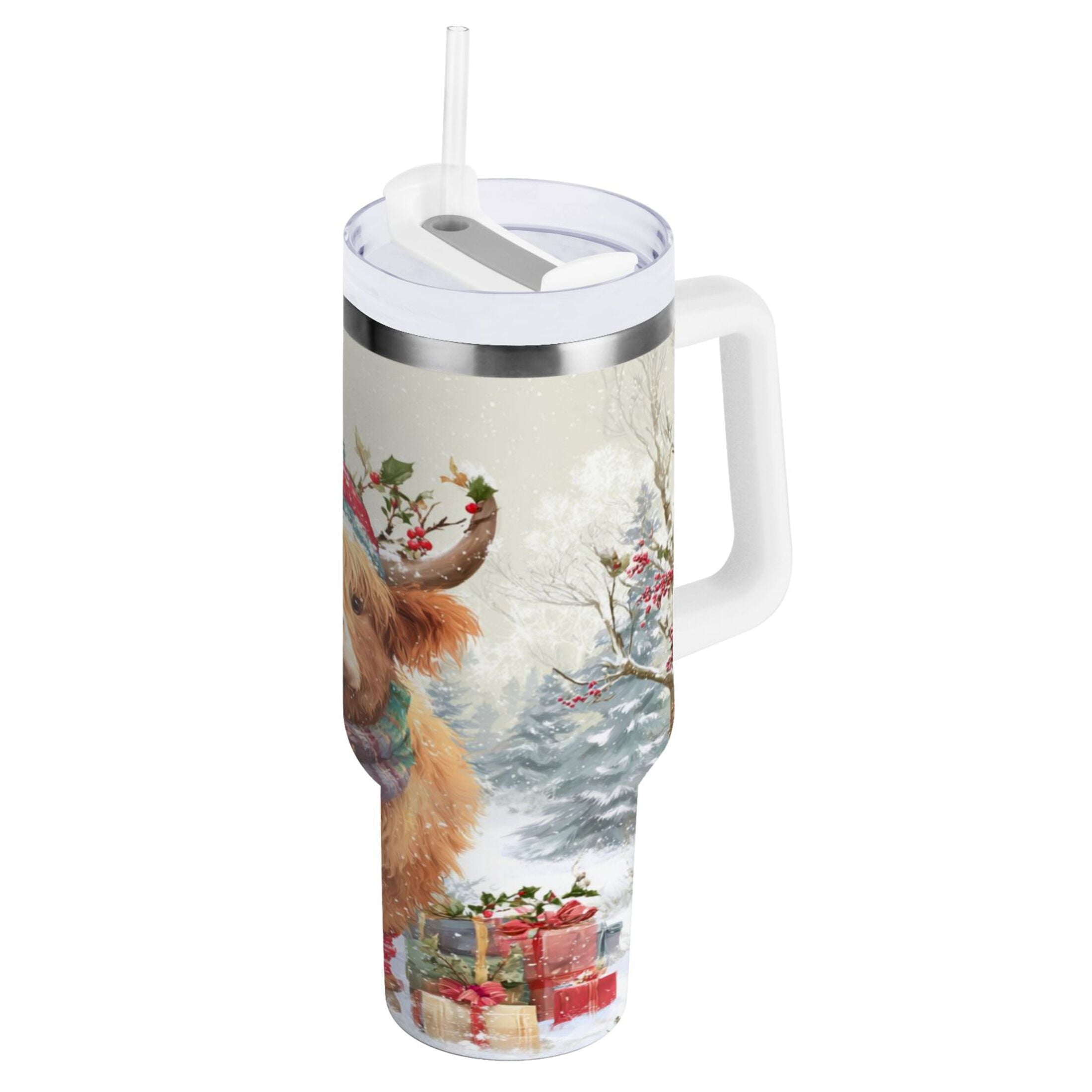 30 oz Insulated Stainless Steel Tumbler Double Wall Stainless Steel Tumbler with 2-Way Drinking Cow Wearing Christmas Hat