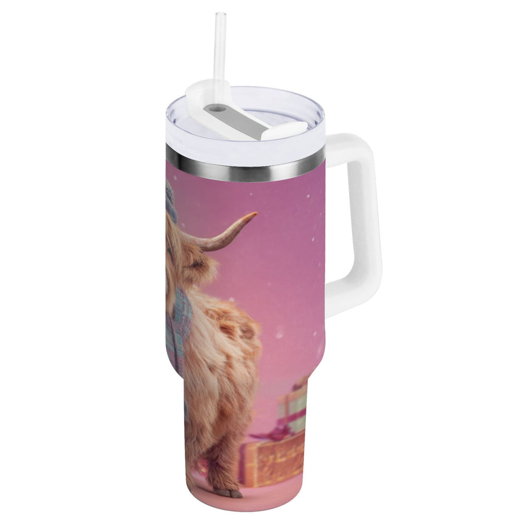 30 oz Insulated Stainless Steel Tumbler Double Wall Stainless Steel Tumbler with 2-Way Drinking Cow Wearing Christmas