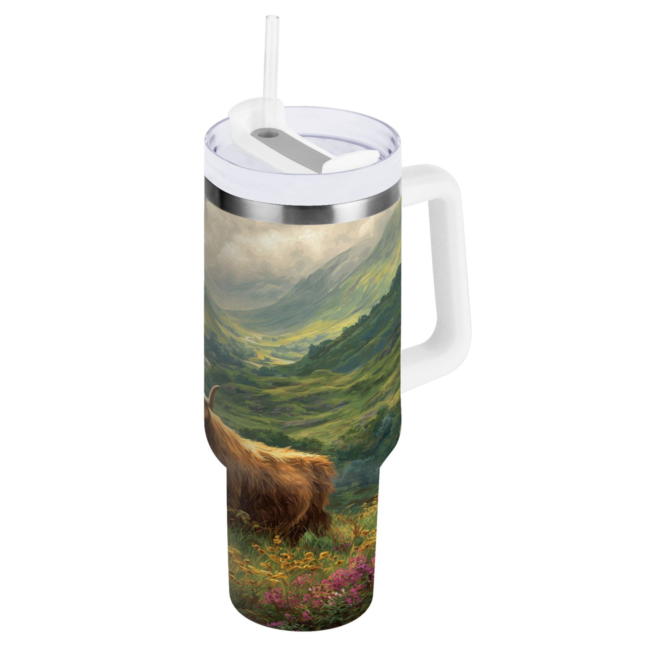 30 oz Insulated Stainless Steel Tumbler Double Wall Stainless Steel Tumbler with 2-Way Drinking Cow in Green Rolling Hills