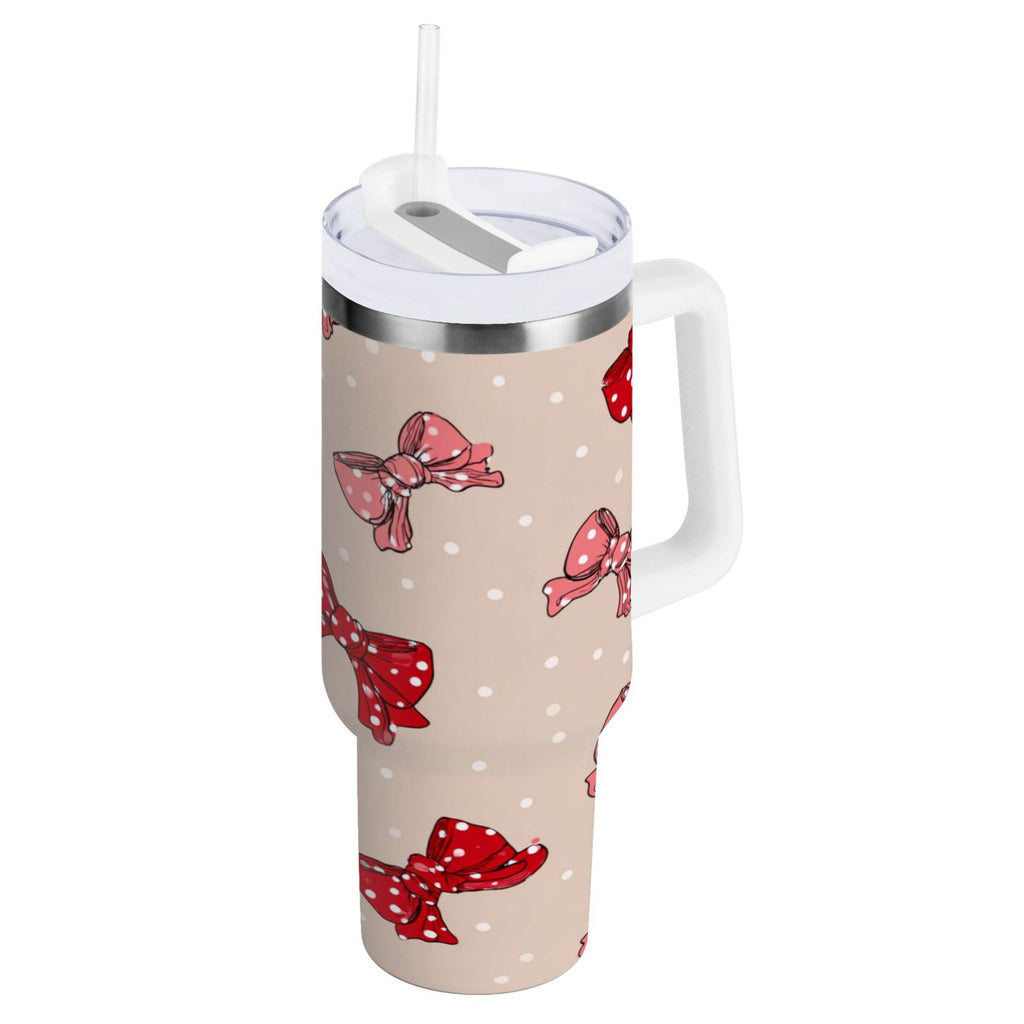 30 oz Insulated Stainless Steel Tumbler Double Wall Stainless Steel Tumbler with 2-Way Drinking Cute Red Bows Pattern