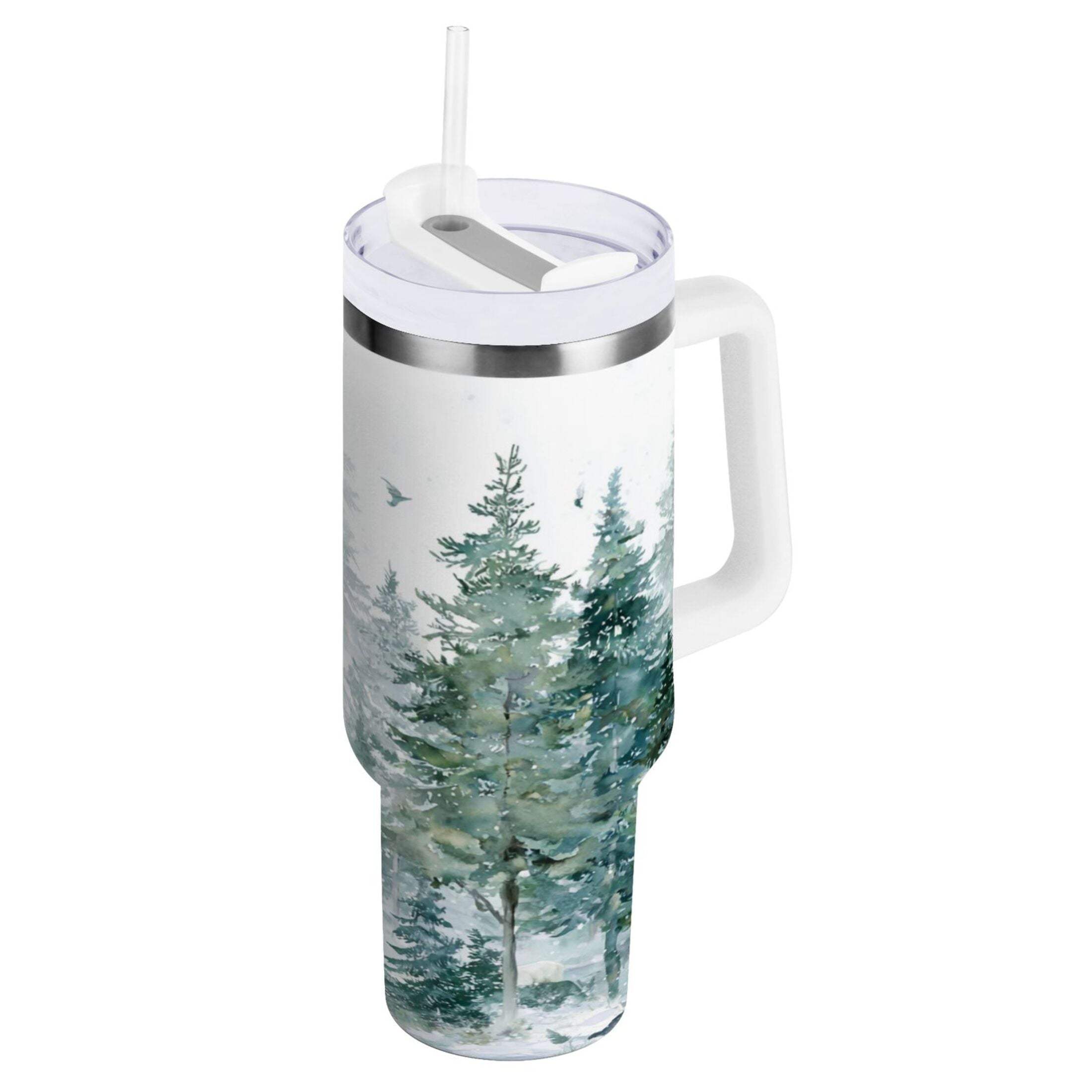 30 oz Insulated Stainless Steel Tumbler Double Wall Stainless Steel Tumbler with 2-Way Drinking Green Snowy Forest Scene