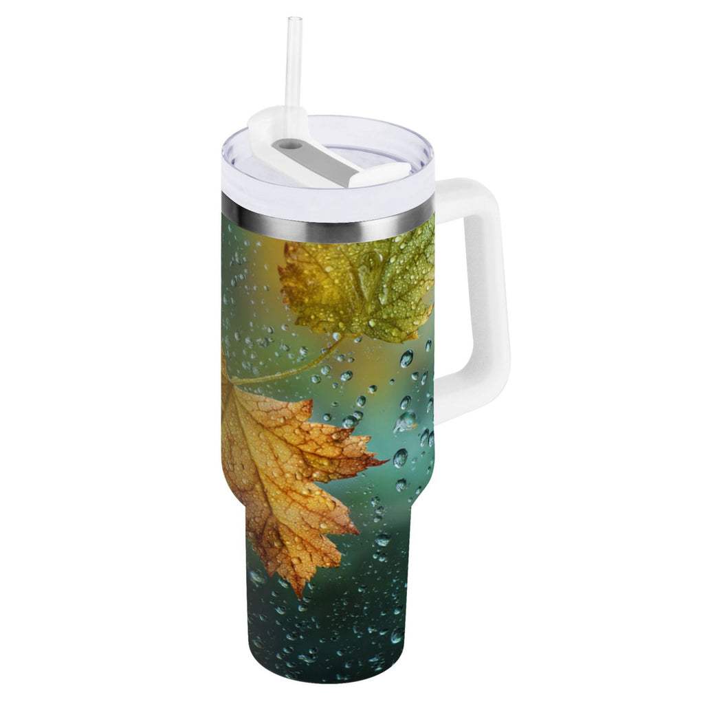 30 oz Insulated Stainless Steel Tumbler Double Wall Stainless Steel Tumbler with 2-Way Drinking Leaves with Water Droplets