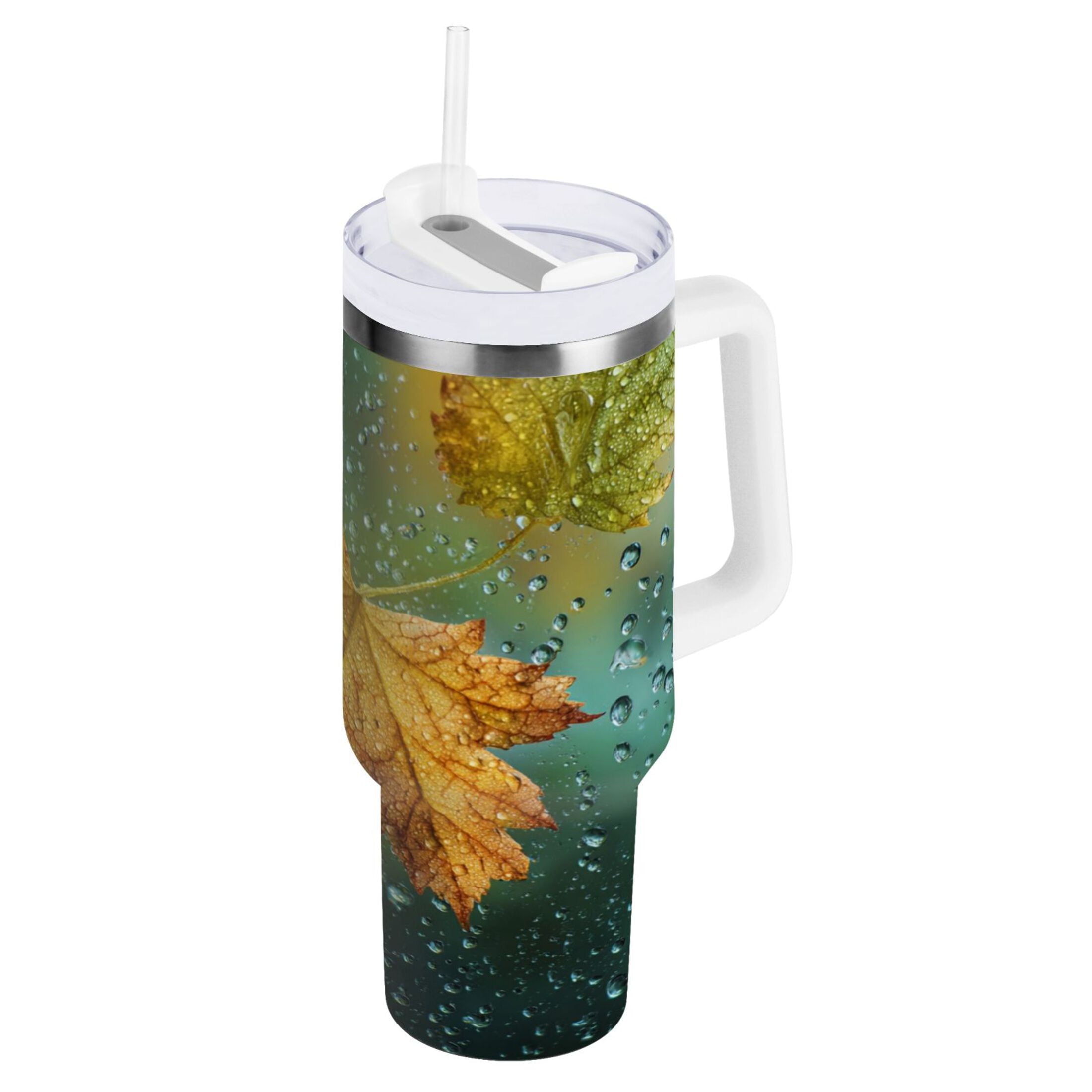 30 oz Insulated Stainless Steel Tumbler Double Wall Stainless Steel Tumbler with 2-Way Drinking Leaves with Water Droplets