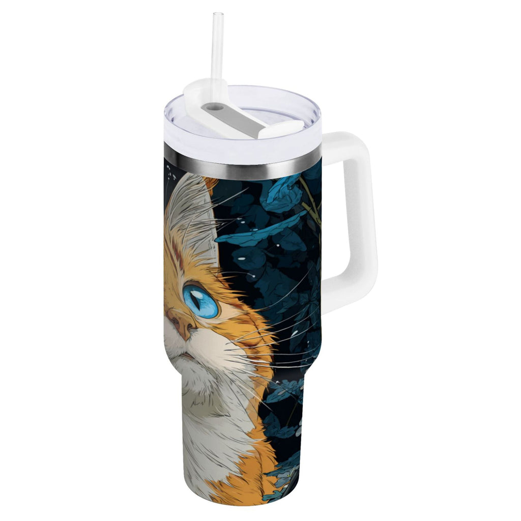 30 oz Insulated Stainless Steel Tumbler Double Wall Stainless Steel Tumbler with 2-Way Drinking Orange Cat with Blue Eyes