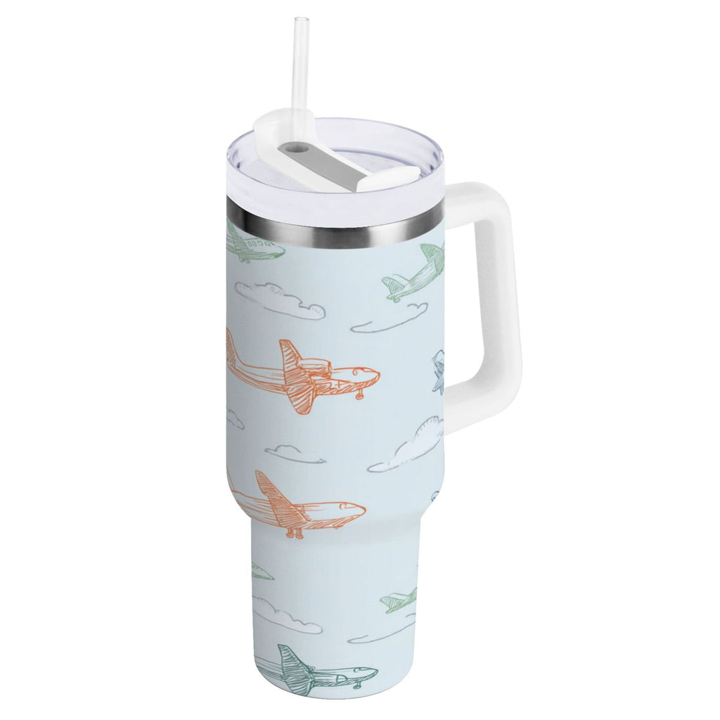 30 oz Insulated Stainless Steel Tumbler Double Wall Stainless Steel Tumbler with 2-Way Drinking Pastel Doodle Airplanes