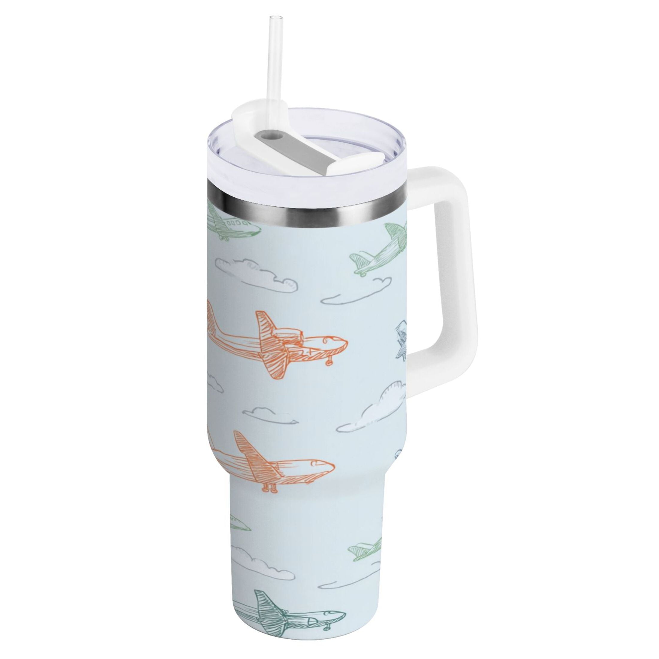 30 oz Insulated Stainless Steel Tumbler Double Wall Stainless Steel Tumbler with 2-Way Drinking Pastel Doodle Airplanes