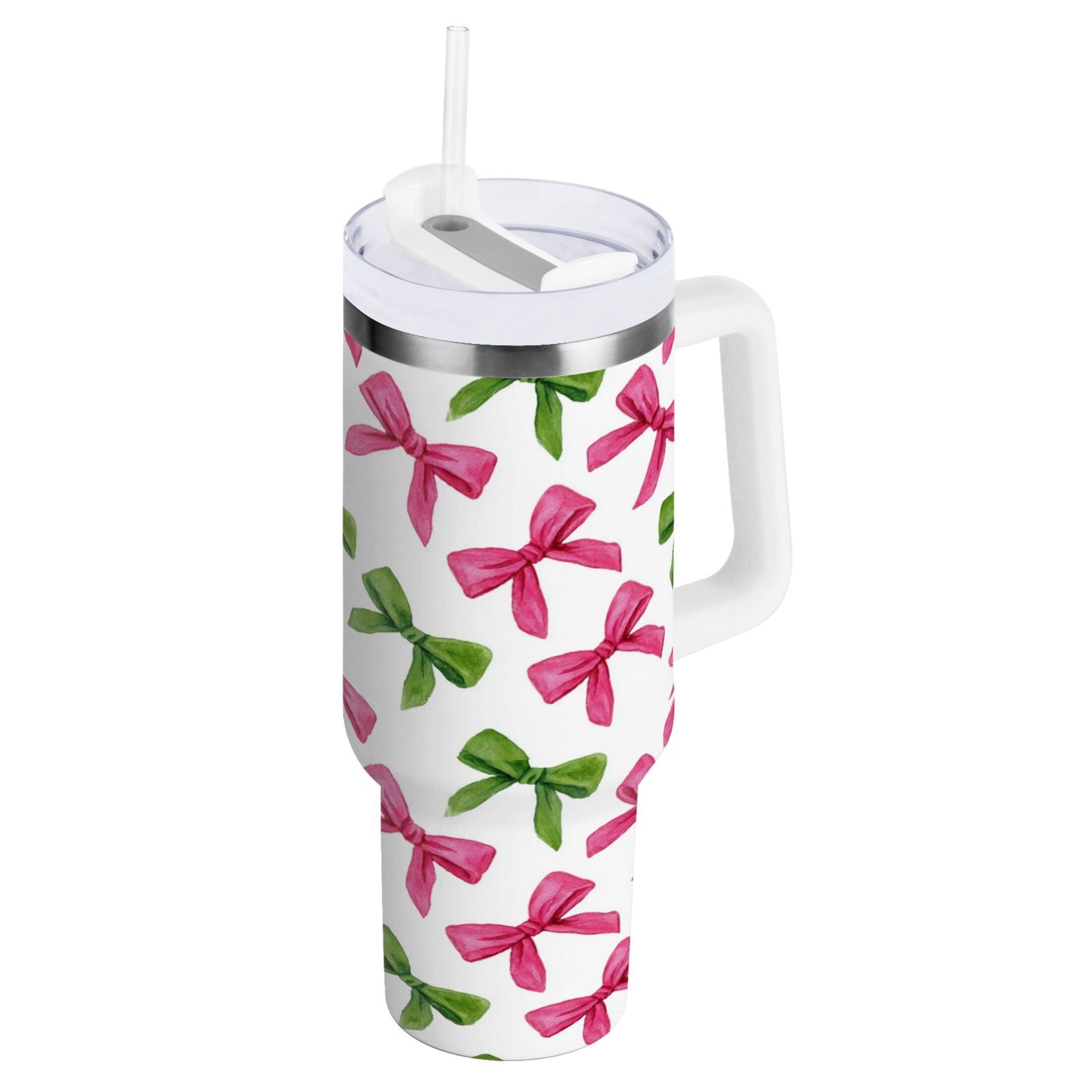 30 oz Insulated Stainless Steel Tumbler Double Wall Stainless Steel Tumbler with 2-Way Drinking Pink Bows and Green Ribbons