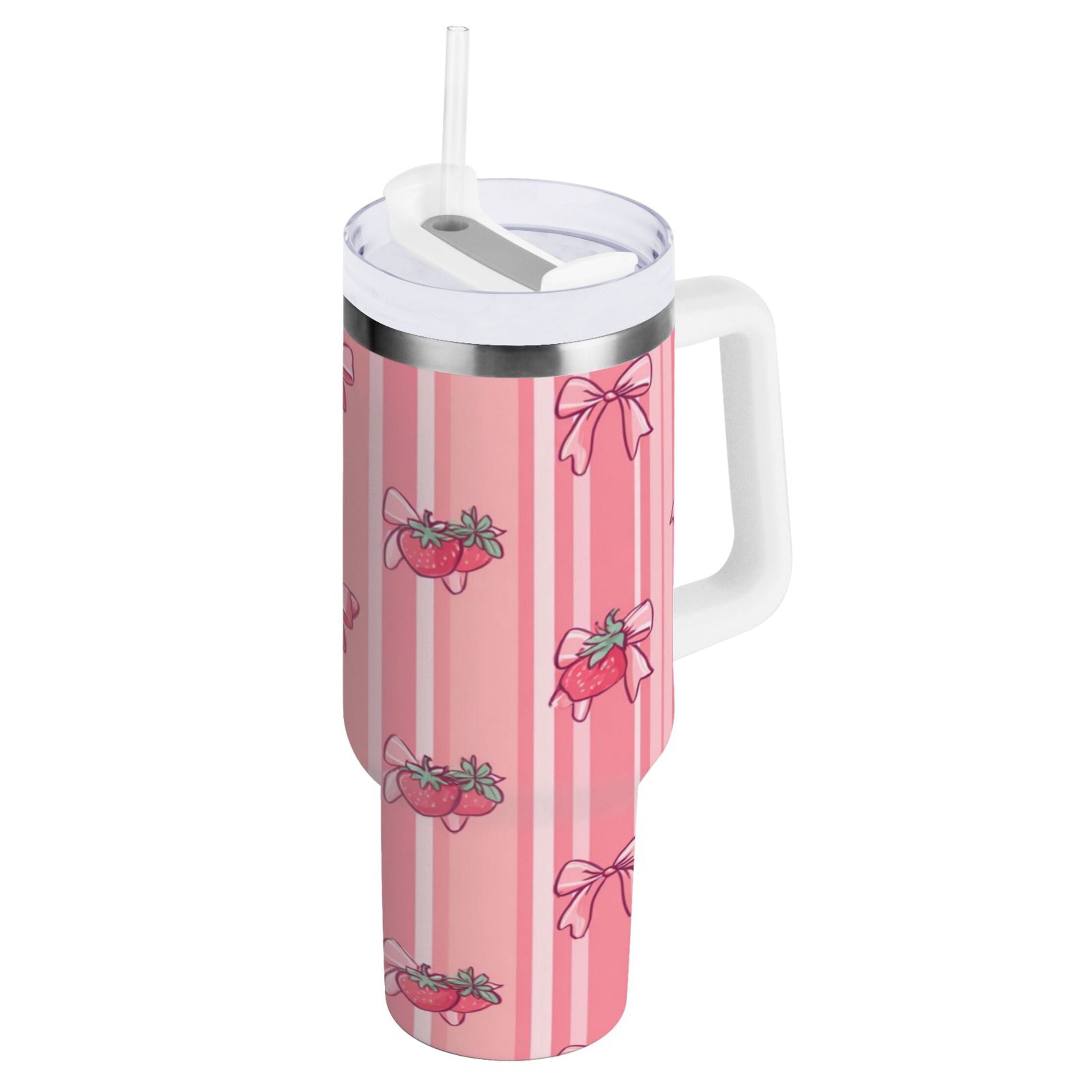 30 oz Insulated Stainless Steel Tumbler Double Wall Stainless Steel Tumbler with 2-Way Drinking Pink Bows and Strawberries