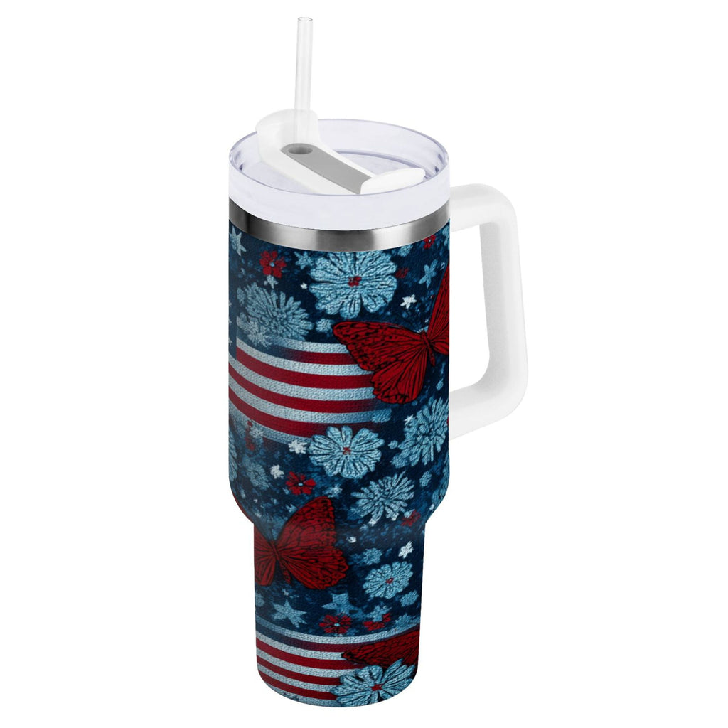 30 oz Insulated Stainless Steel Tumbler Double Wall Stainless Steel Tumbler with 2-Way Drinking Red Butterflies and Flags