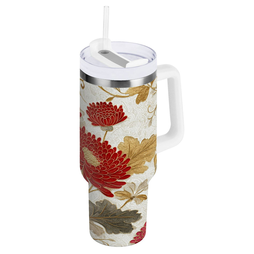 30 oz Insulated Stainless Steel Tumbler Double Wall Stainless Steel Tumbler with 2-Way Drinking Red Chrysanthemum Pattern
