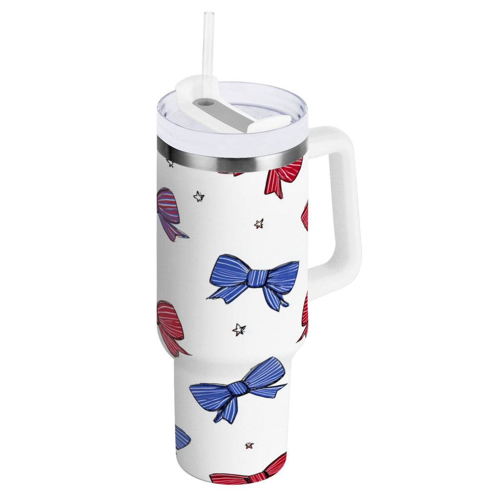 30 oz Insulated Stainless Steel Tumbler Double Wall Stainless Steel Tumbler with 2-Way Drinking Red and Blue Stripe Bows