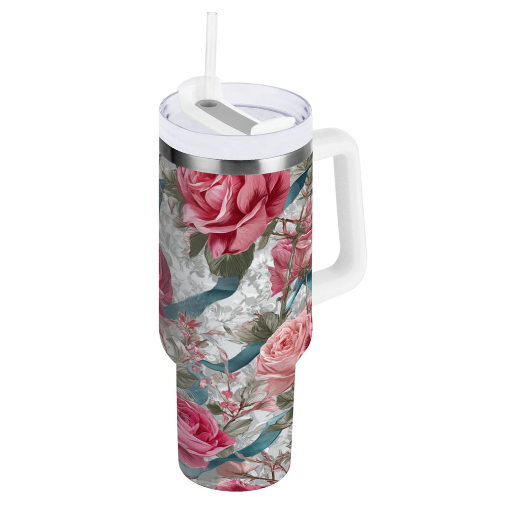30 oz Insulated Stainless Steel Tumbler Double Wall Stainless Steel Tumbler with 2-Way Drinking Roses and Ribbons