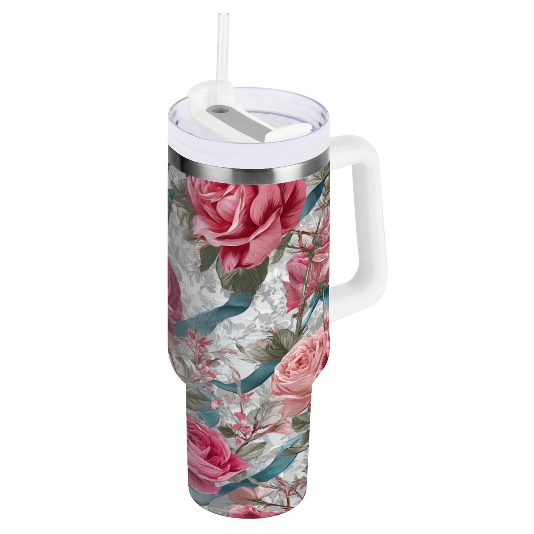 30 oz Insulated Stainless Steel Tumbler Double Wall Stainless Steel Tumbler with 2-Way Drinking Roses and Ribbons