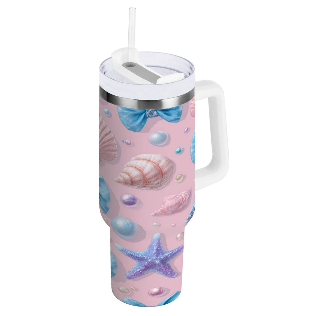 30 oz Insulated Stainless Steel Tumbler Double Wall Stainless Steel Tumbler with 2-Way Drinking Seashells and Bows
