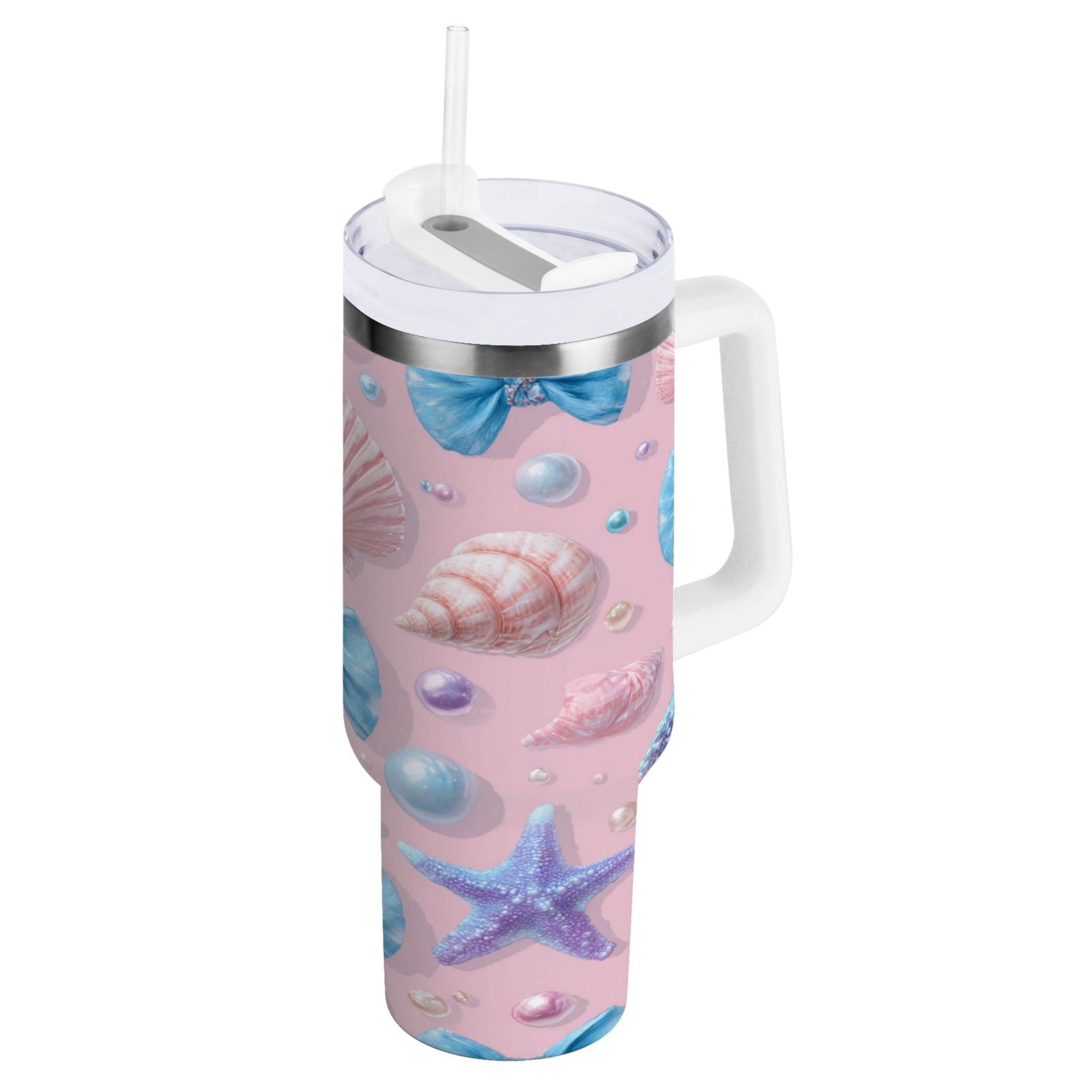 30 oz Insulated Stainless Steel Tumbler Double Wall Stainless Steel Tumbler with 2-Way Drinking Seashells and Bows