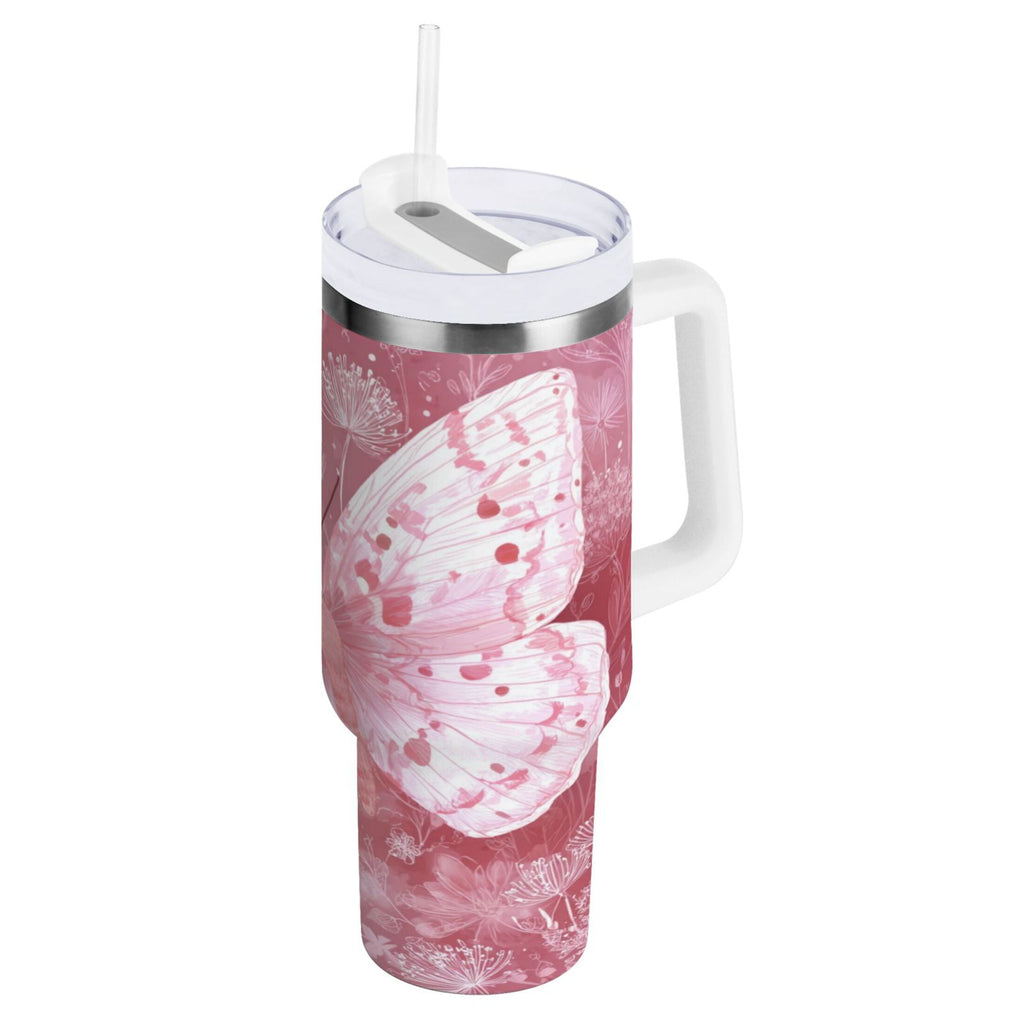 30 oz Insulated Stainless Steel Tumbler Double Wall Stainless Steel Tumbler with 2-Way Drinking Soft Pink Butterfly