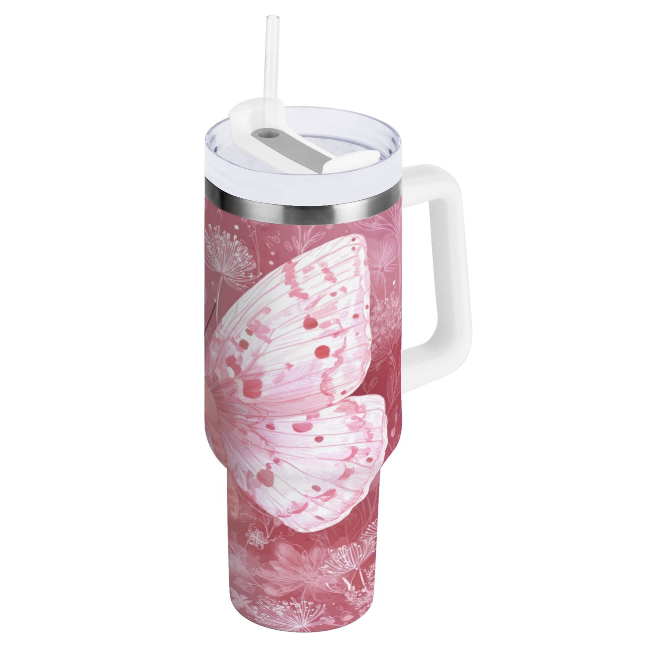 30 oz Insulated Stainless Steel Tumbler Double Wall Stainless Steel Tumbler with 2-Way Drinking Soft Pink Butterfly