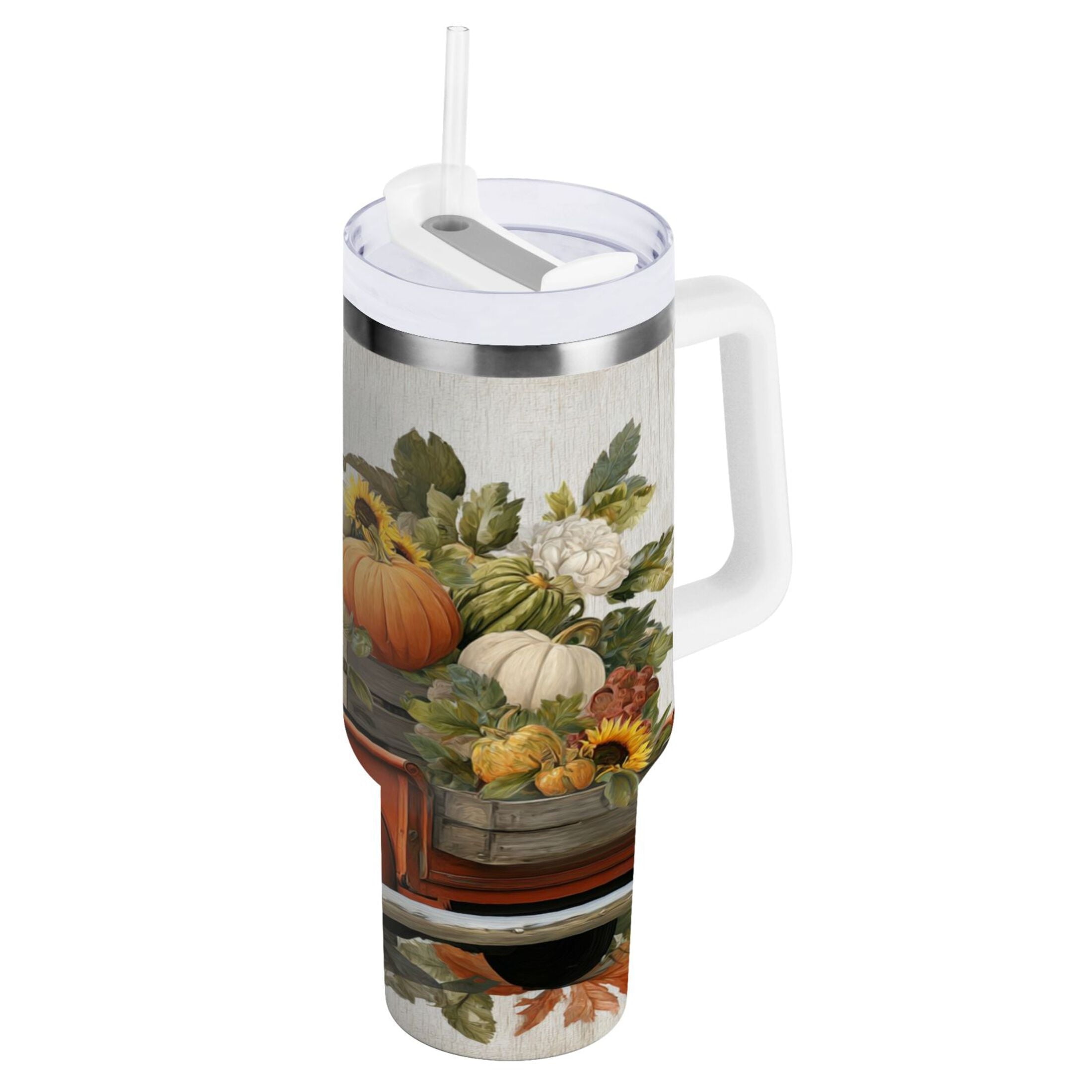 40 oz Insulated Stainless Steel Tumbler Double Wall Stainless Steel Tumbler with 2-Way Drinking Truck Full Of Pumpkins