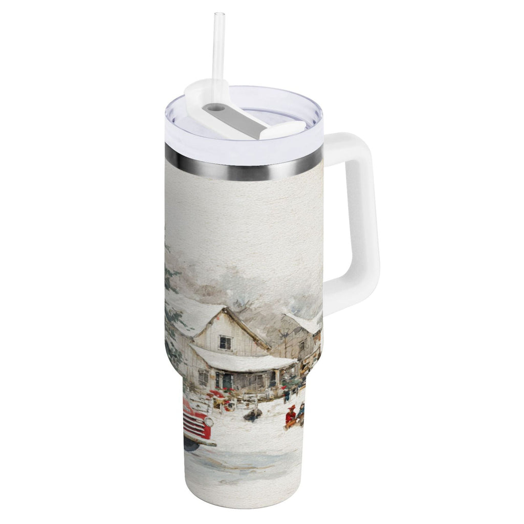 30 oz Insulated Stainless Steel Tumbler Double Wall Stainless Steel Tumbler with 2-Way Drinking Truck with Christmas Decorations