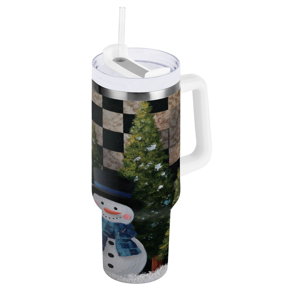30 oz Insulated Stainless Steel Tumbler Double Wall Stainless Steel Tumbler with 2-Way Drinking Two Snowmen Pattern