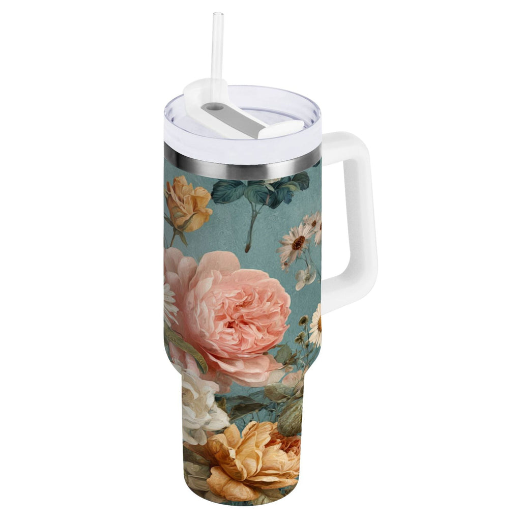 30 oz Insulated Stainless Steel Tumbler Double Wall Stainless Steel Tumbler with 2-Way Drinking Vintage Roses and Peonies