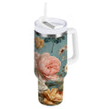 30 oz Insulated Stainless Steel Tumbler Double Wall Stainless Steel Tumbler with 2-Way Drinking Vintage Roses and Peonies