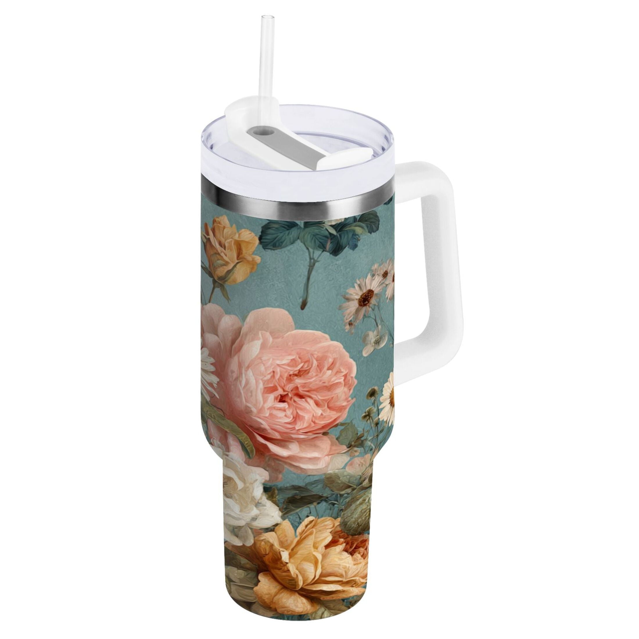 30 oz Insulated Stainless Steel Tumbler Double Wall Stainless Steel Tumbler with 2-Way Drinking Vintage Roses and Peonies