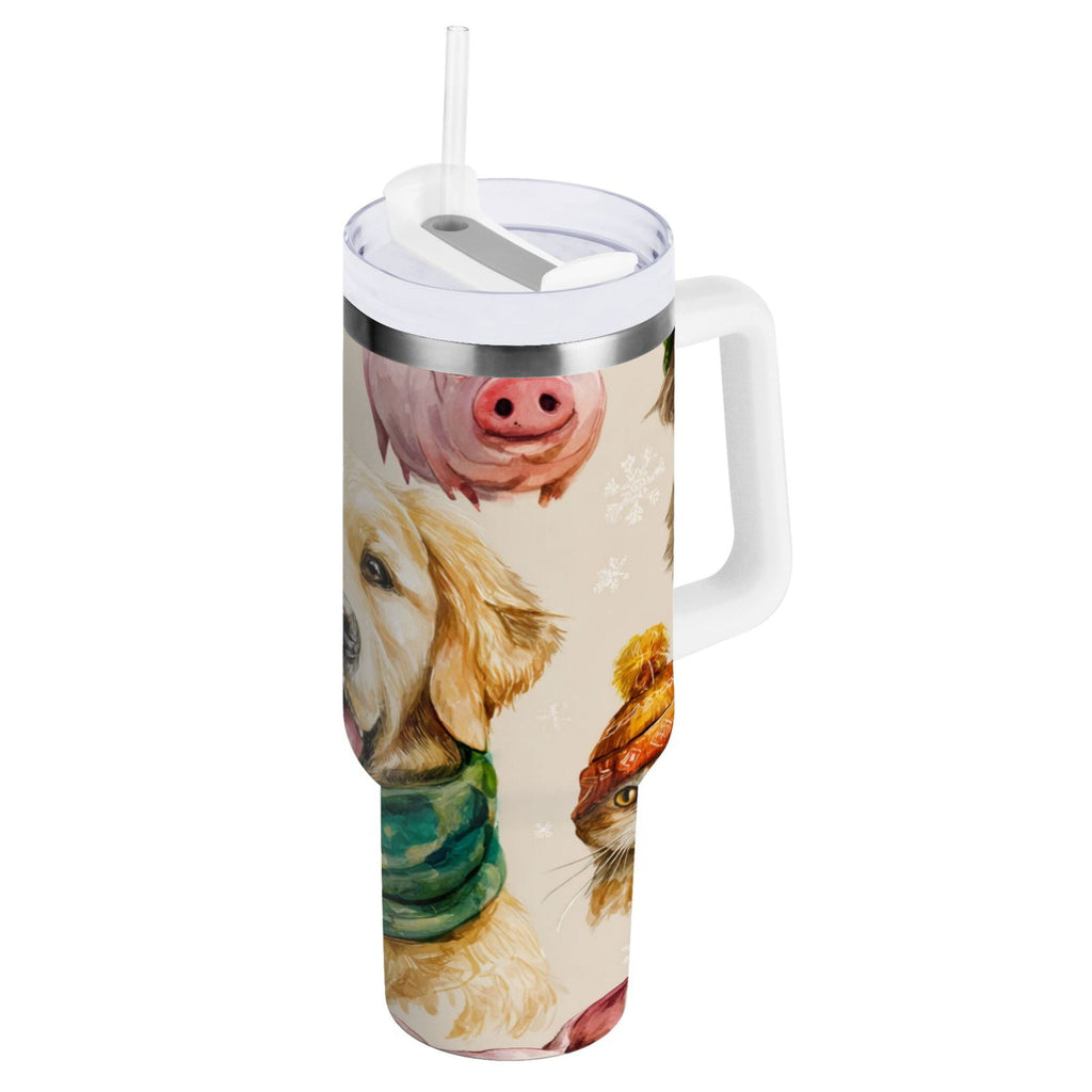 30 oz Insulated Stainless Steel Tumbler Double Wall Stainless Steel Tumbler with 2-Way Drinking Watercolor Animals Pattern