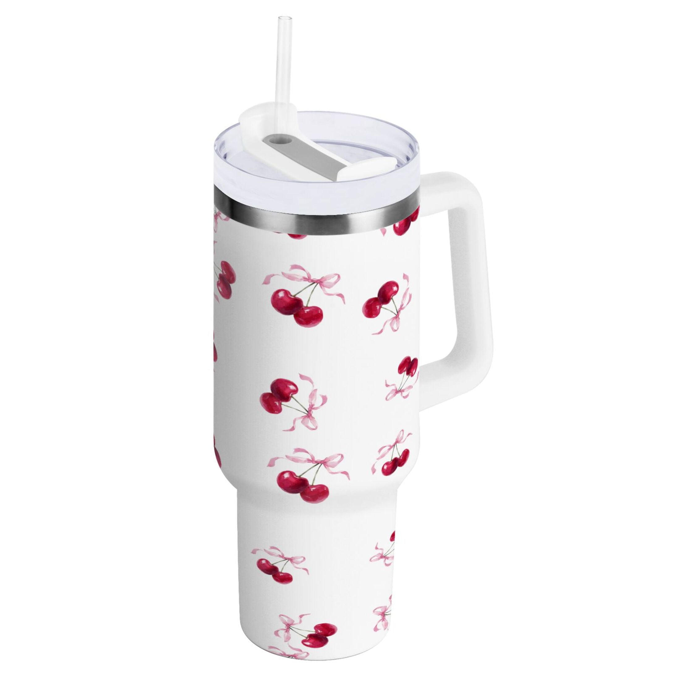 30 oz Insulated Stainless Steel Tumbler Double Wall Stainless Steel Tumbler with 2-Way Drinking Watercolor Cherries Pattern
