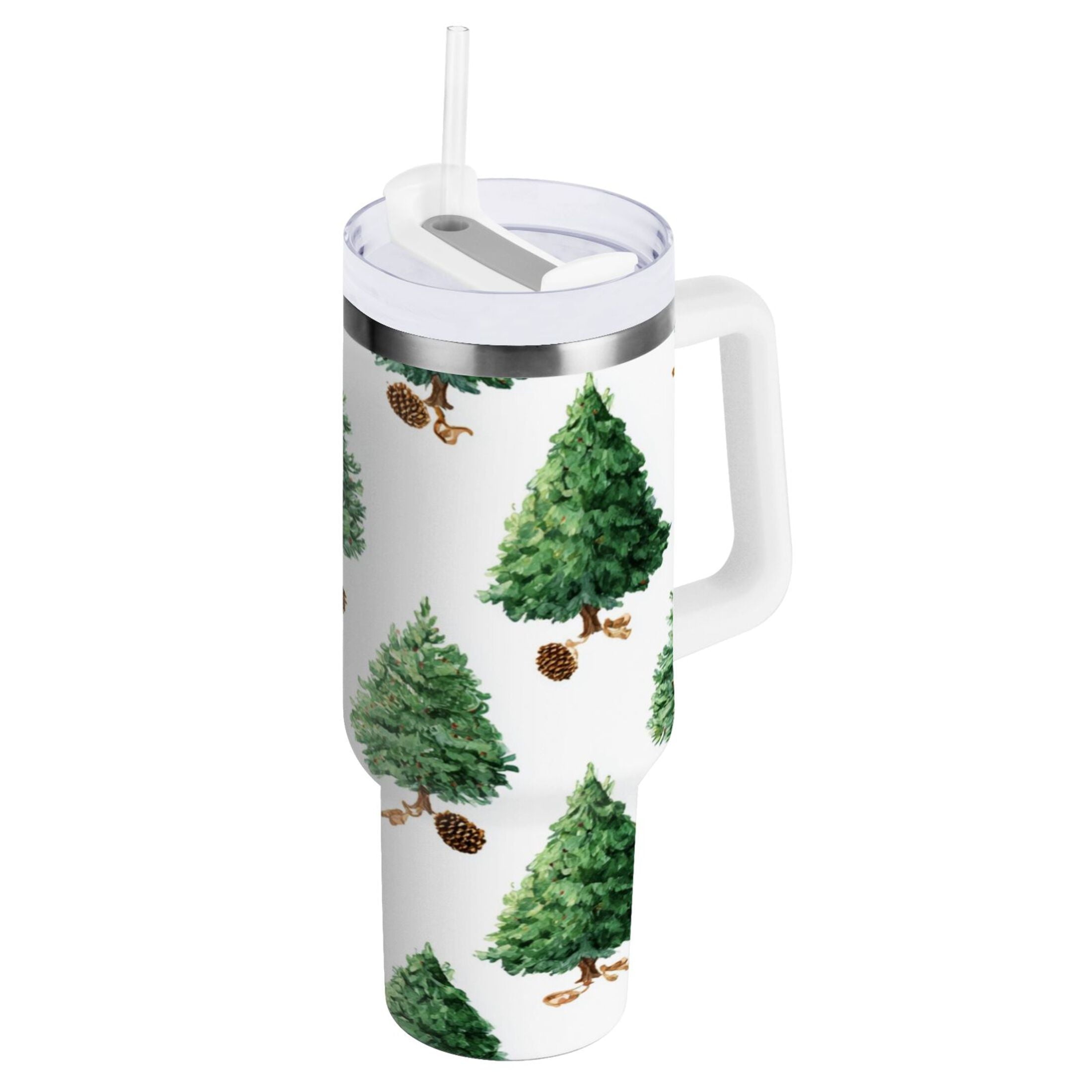30 oz Insulated Stainless Steel Tumbler Double Wall Stainless Steel Tumbler with 2-Way Drinking Watercolor Green Christmas Tree
