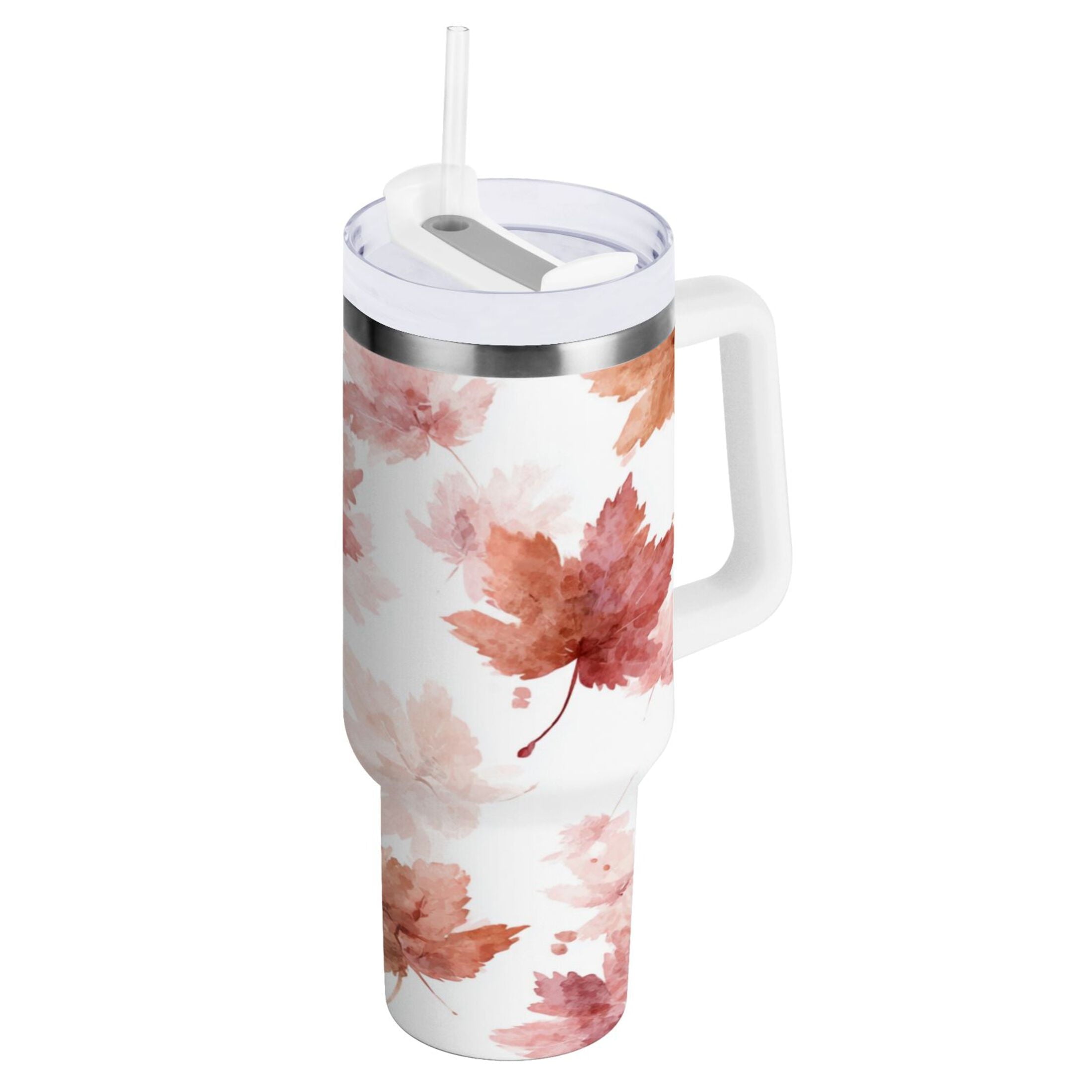 30 oz Insulated Stainless Steel Tumbler Double Wall Stainless Steel Tumbler with 2-Way Drinking Watercolor Pink Maple Leaves